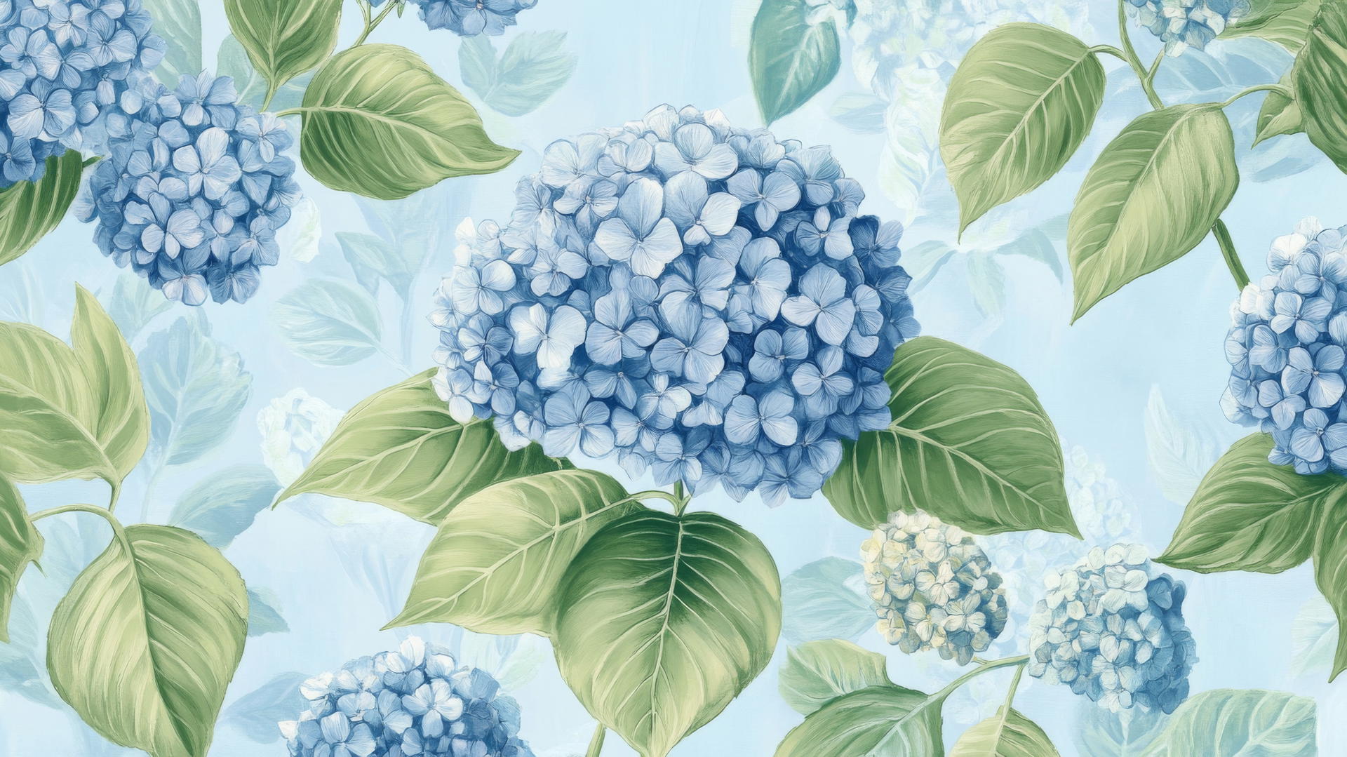 preppy blue wallpaper with hand-drawn blue hydrangeas and green leaves on soft blue background