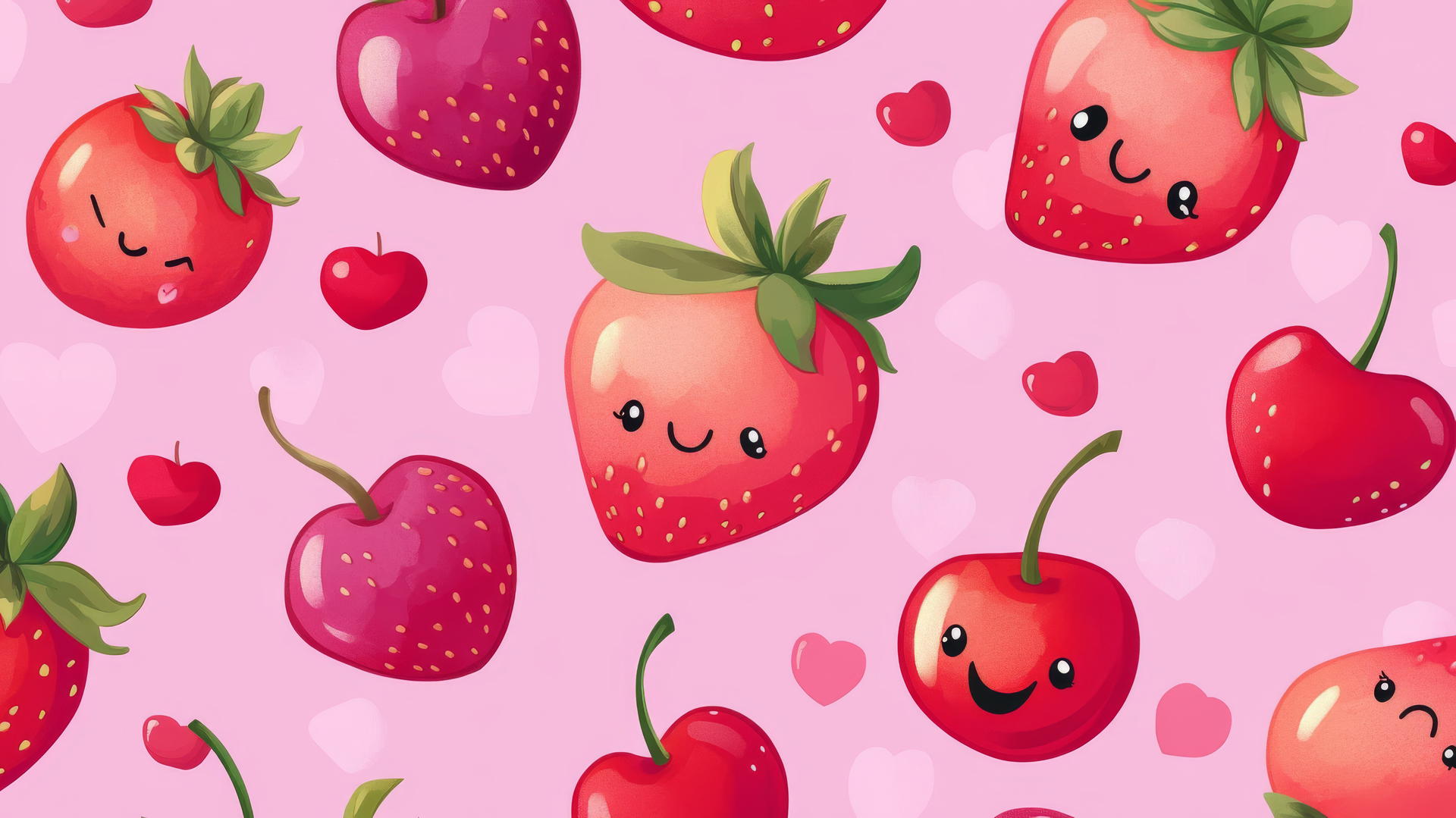 pink cute wallpaper with kawaii-style fruits