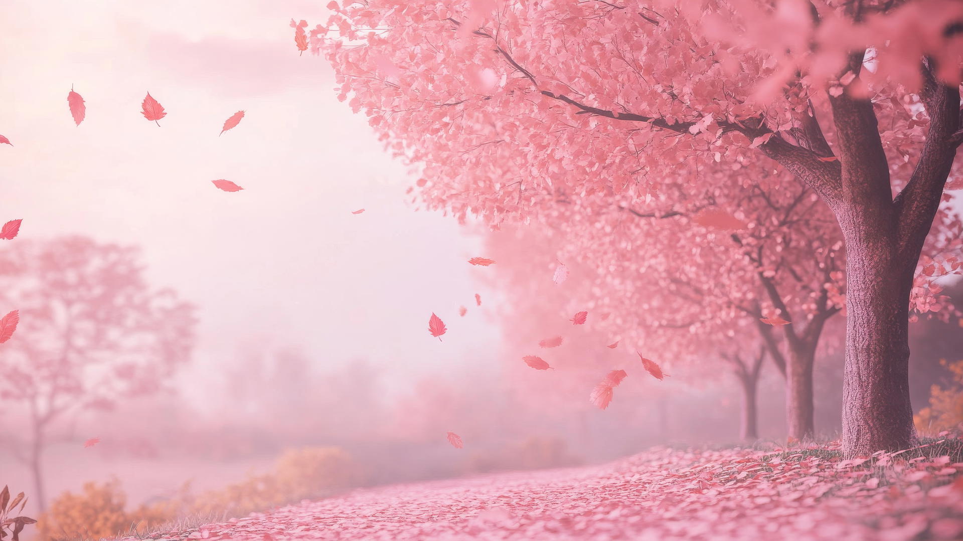 Pink aesthetic wallpaper of autumn scene with pink leaves and sky