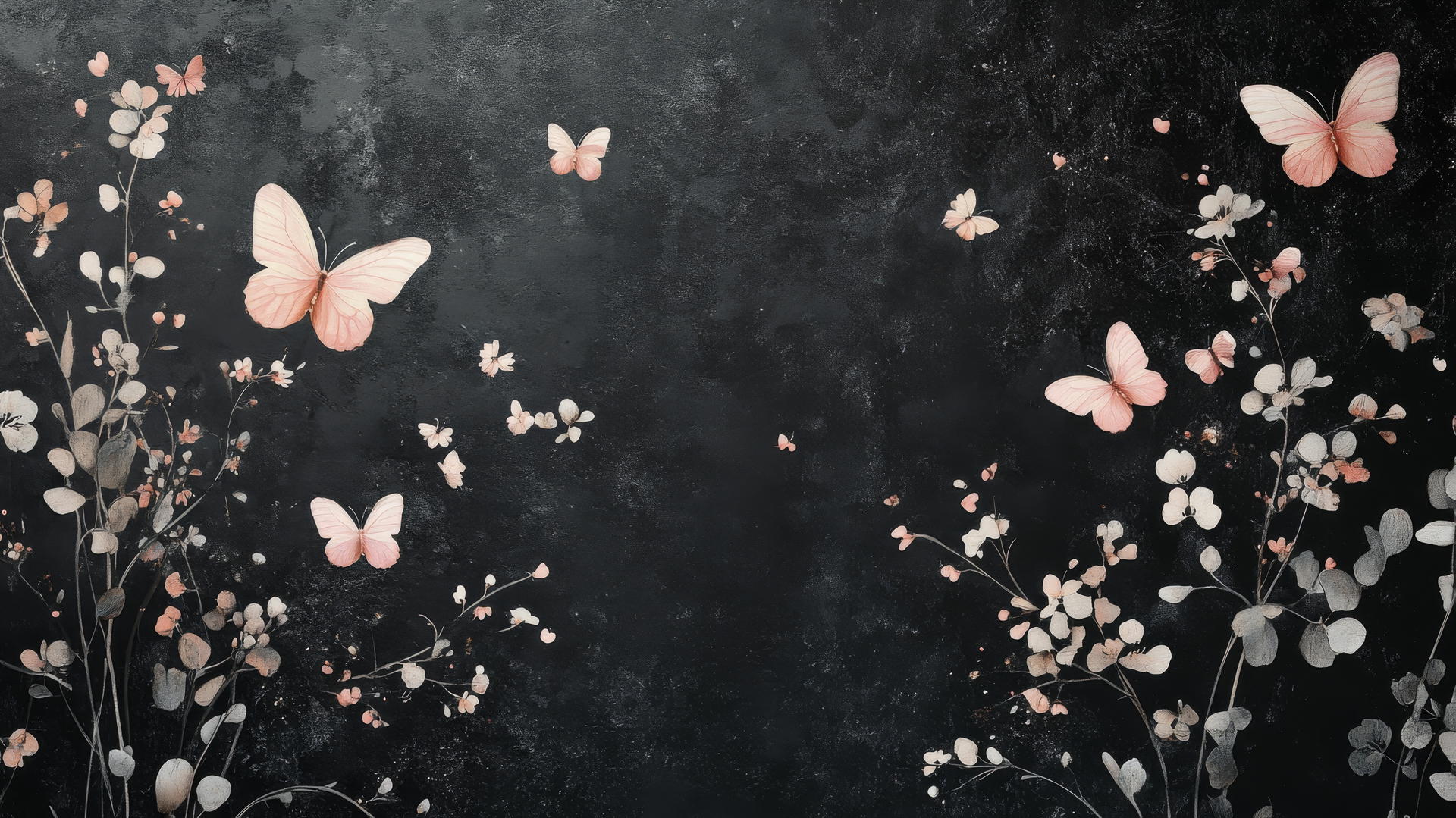 black wallpaper for girls with pink butterflies around soft flowers