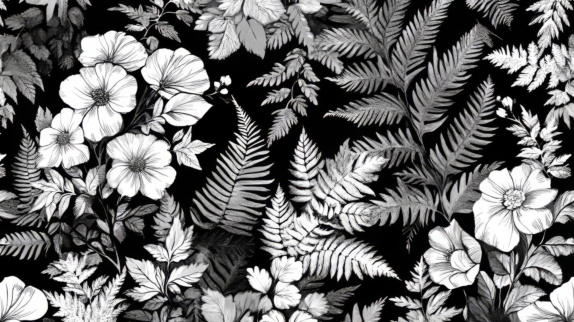 black and white floral wallpaper with fern leaves and small wildflowers
