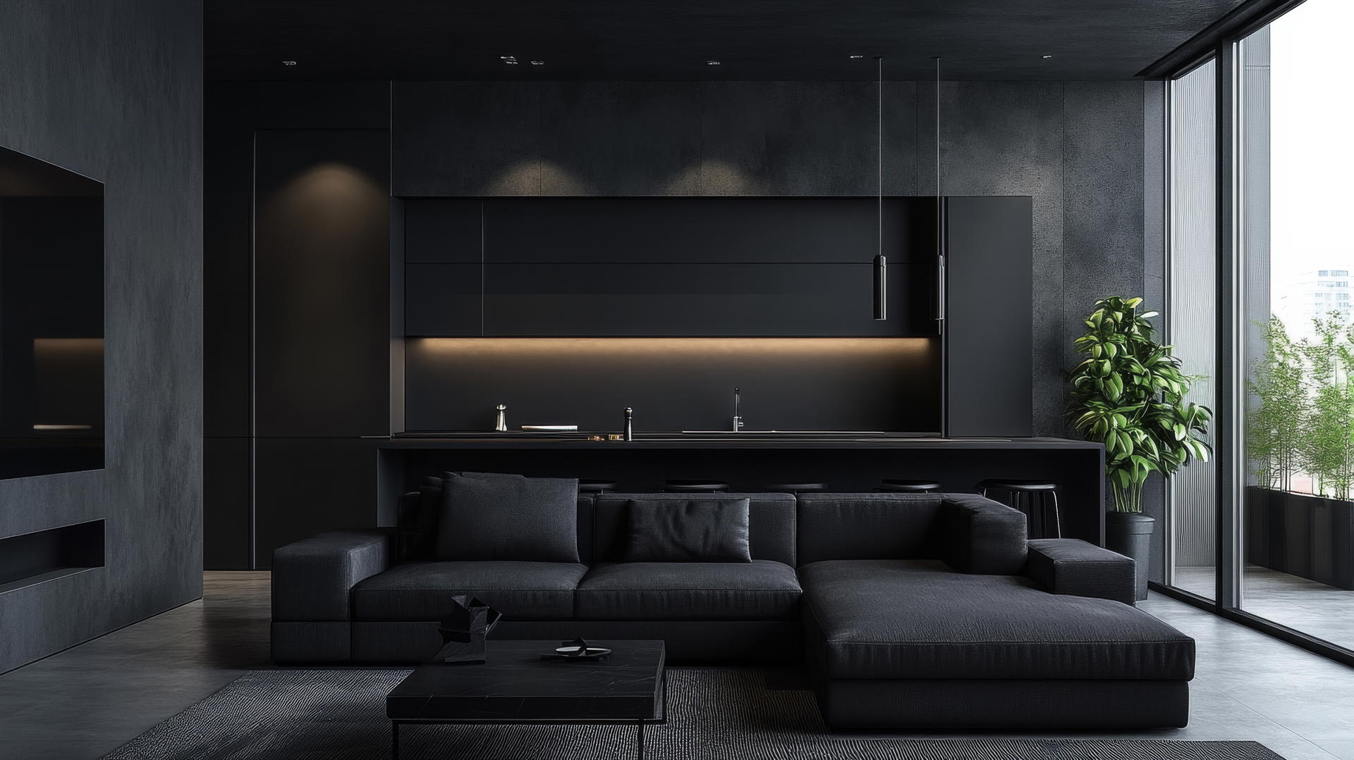 black aesthetic wallpaper with sleek modern living room, black furniture, minimalist decor