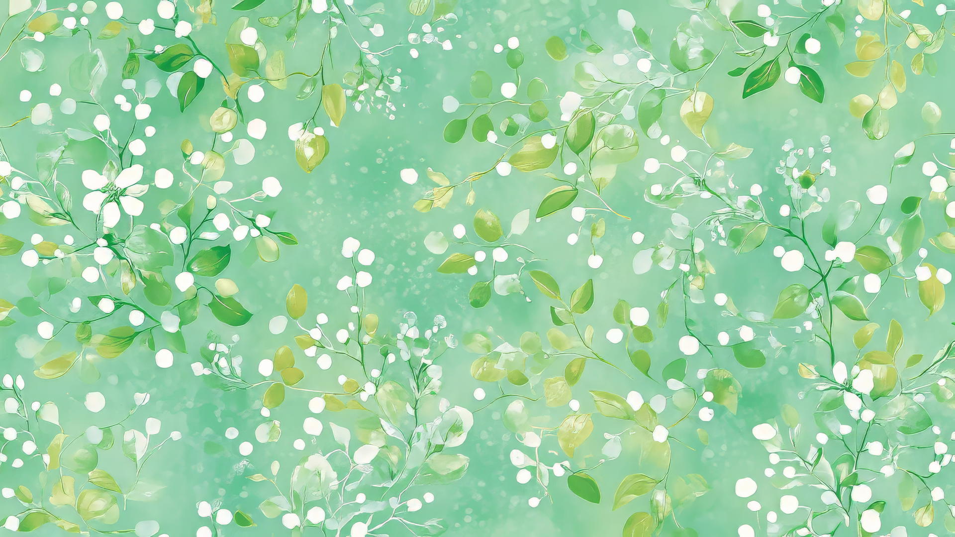 green floral wallpaper with bright green leaves and tiny white flowers on a mint green background