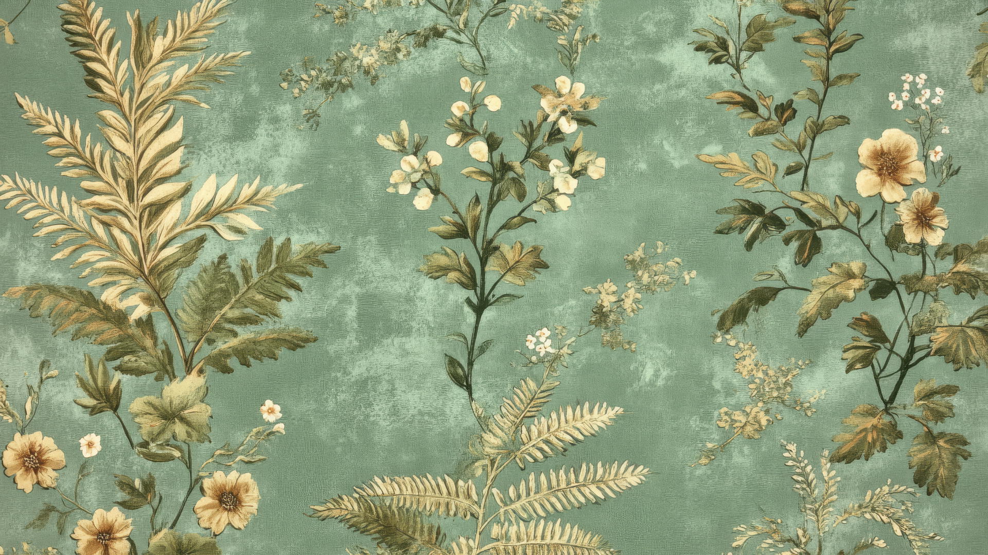 A vintage botanical green floral wallpaper featuring ferns, ivy, and flowering herbs.