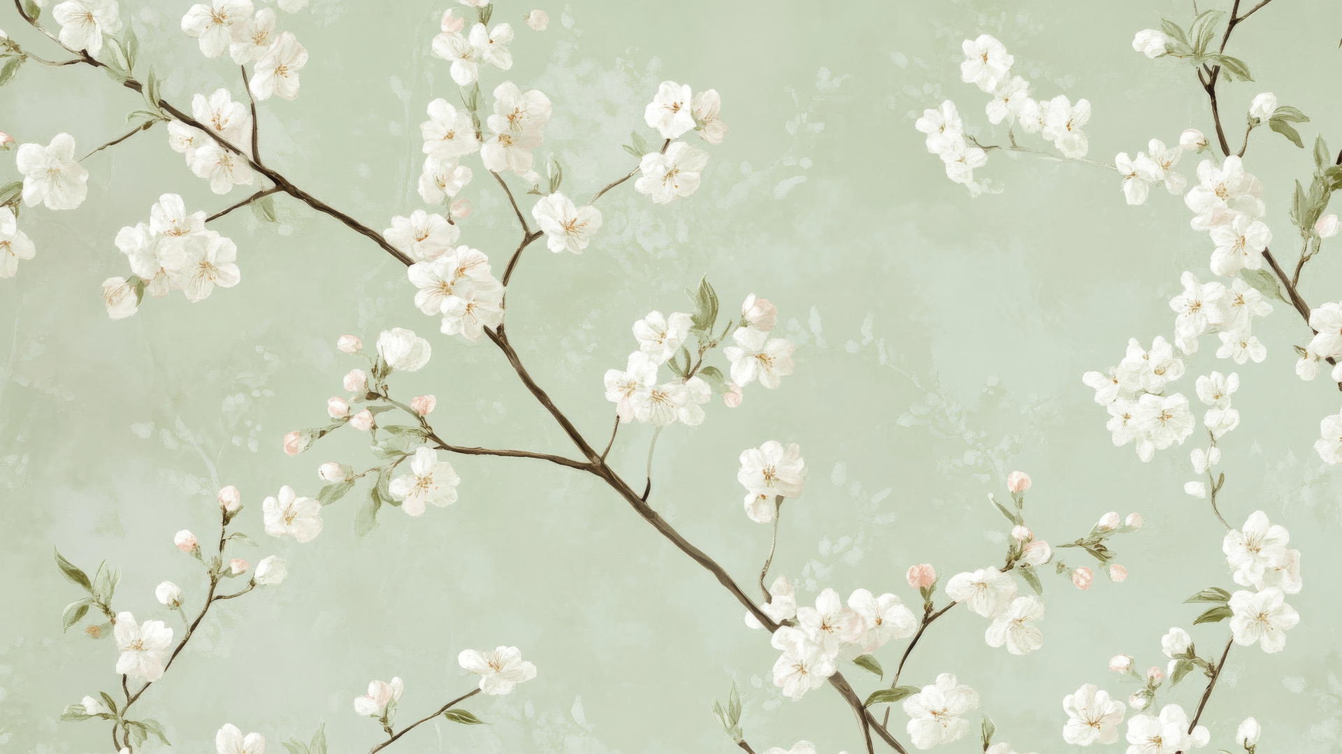 green floral wallpaper with delicate cherry blossom branches