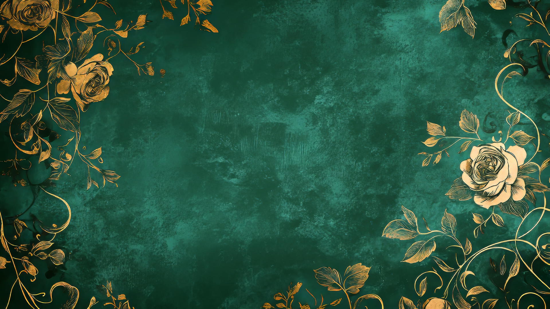 Green floral wallpaper with gold outlined roses on deep emerald background