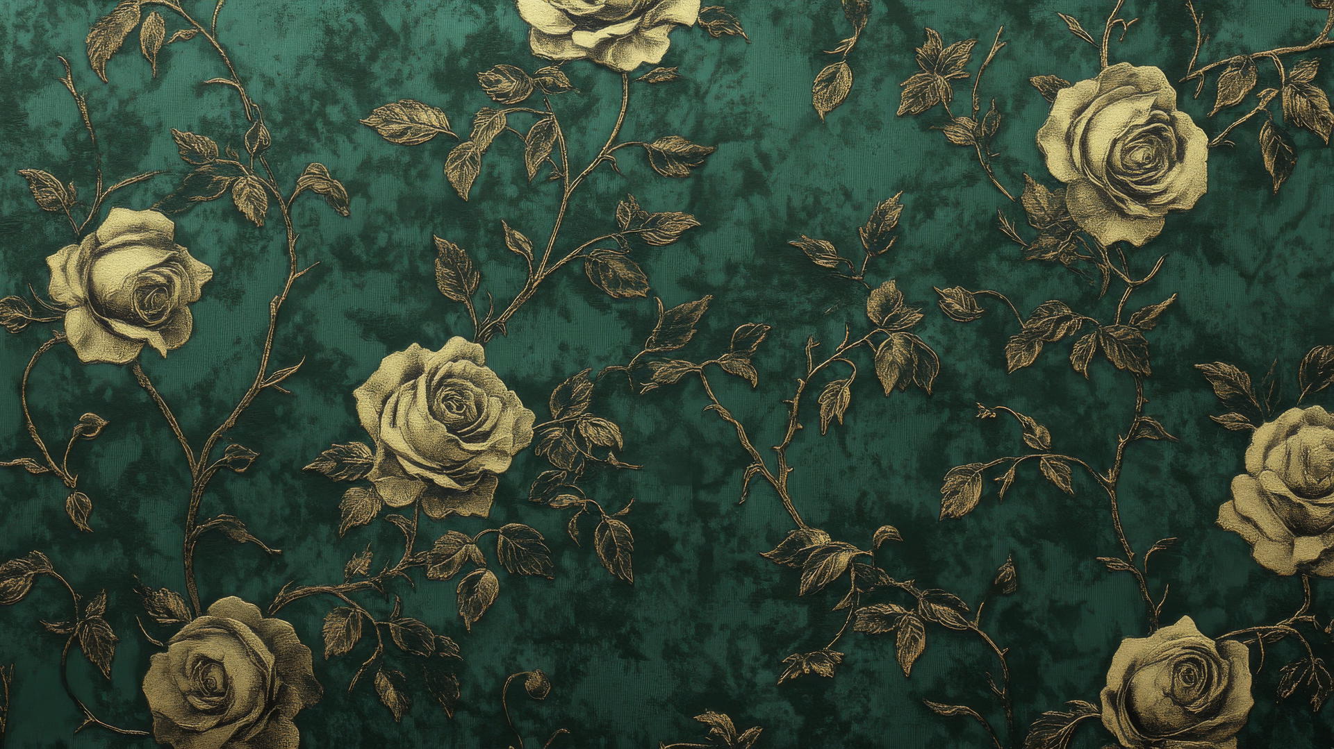 green floral wallpaper with gold-outlined roses and vines on emerald background