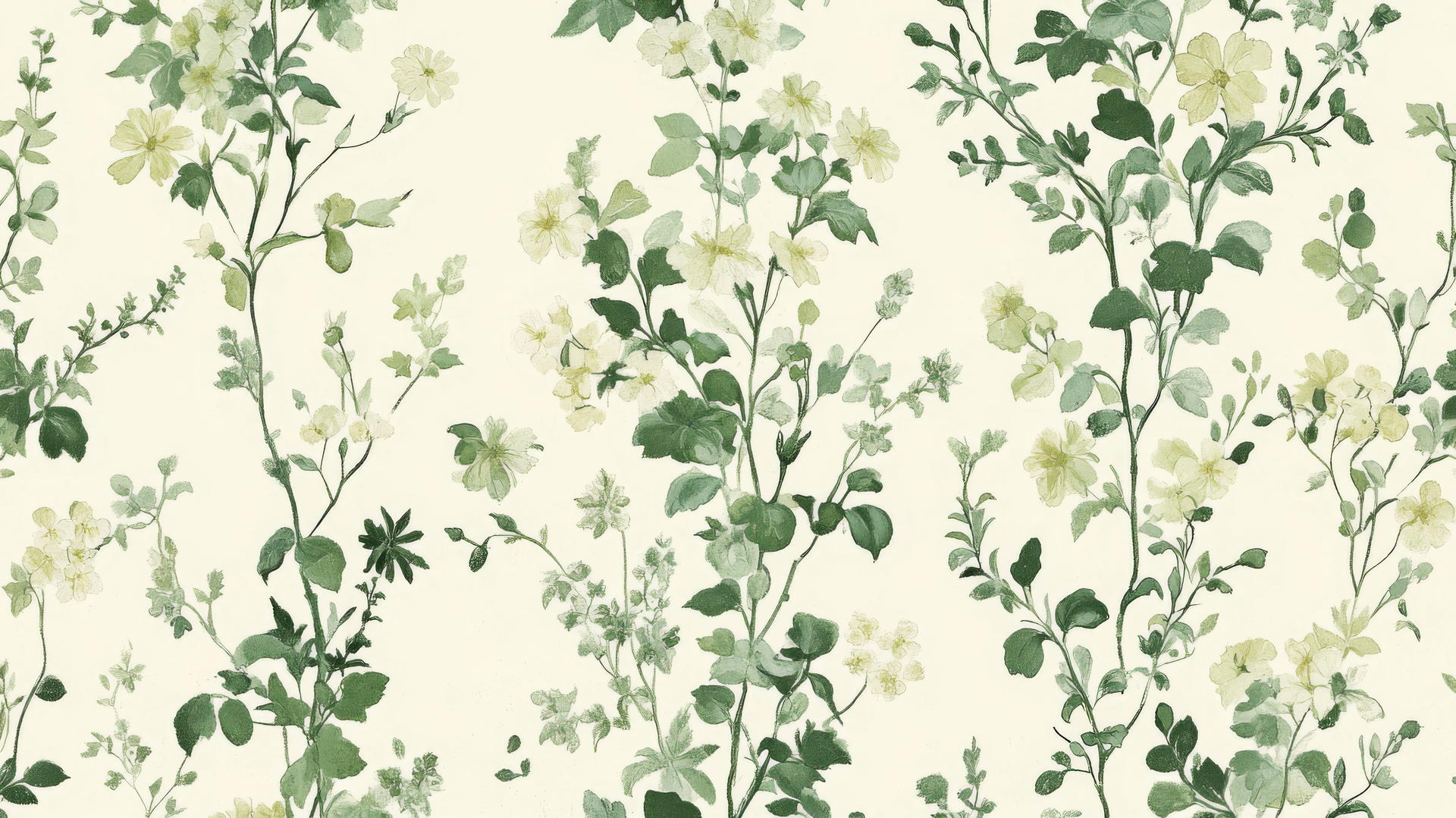 vintage-inspired green floral wallpaper with hand-drawn wildflowers