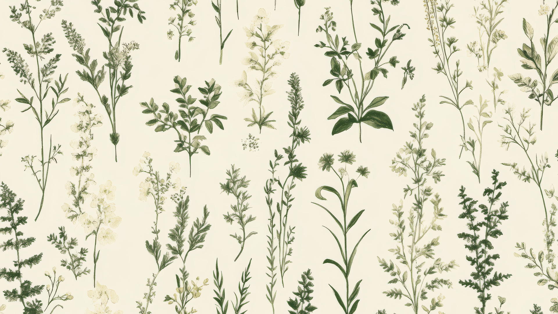 green floral wallpaper with hand-drawn wildflowers on a cream background