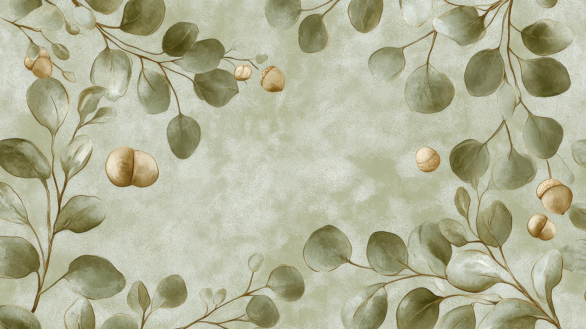 Olive green wallpaper with hand-drawn eucalyptus leaves and acorns.
