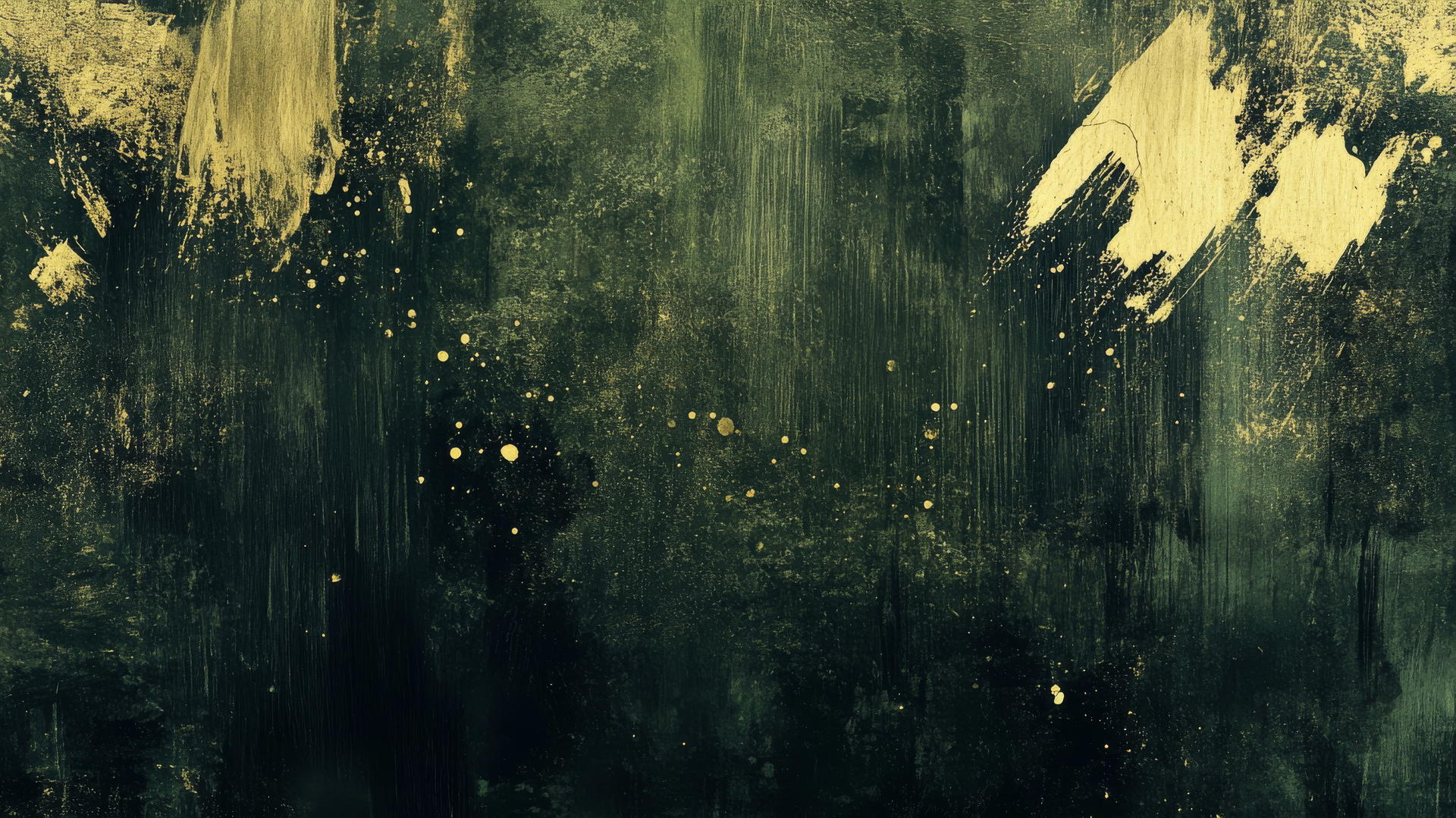 A modern abstract olive green wallpaper with bold brush strokes and splashes of gold