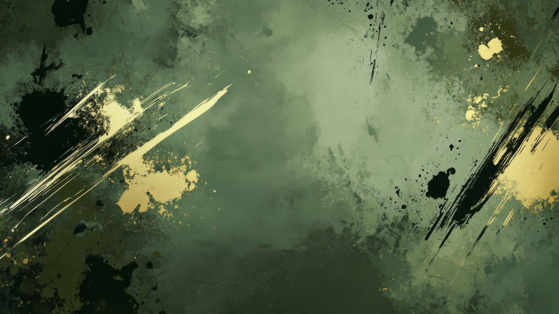 Olive green wallpaper with bold brush strokes and gold splashes