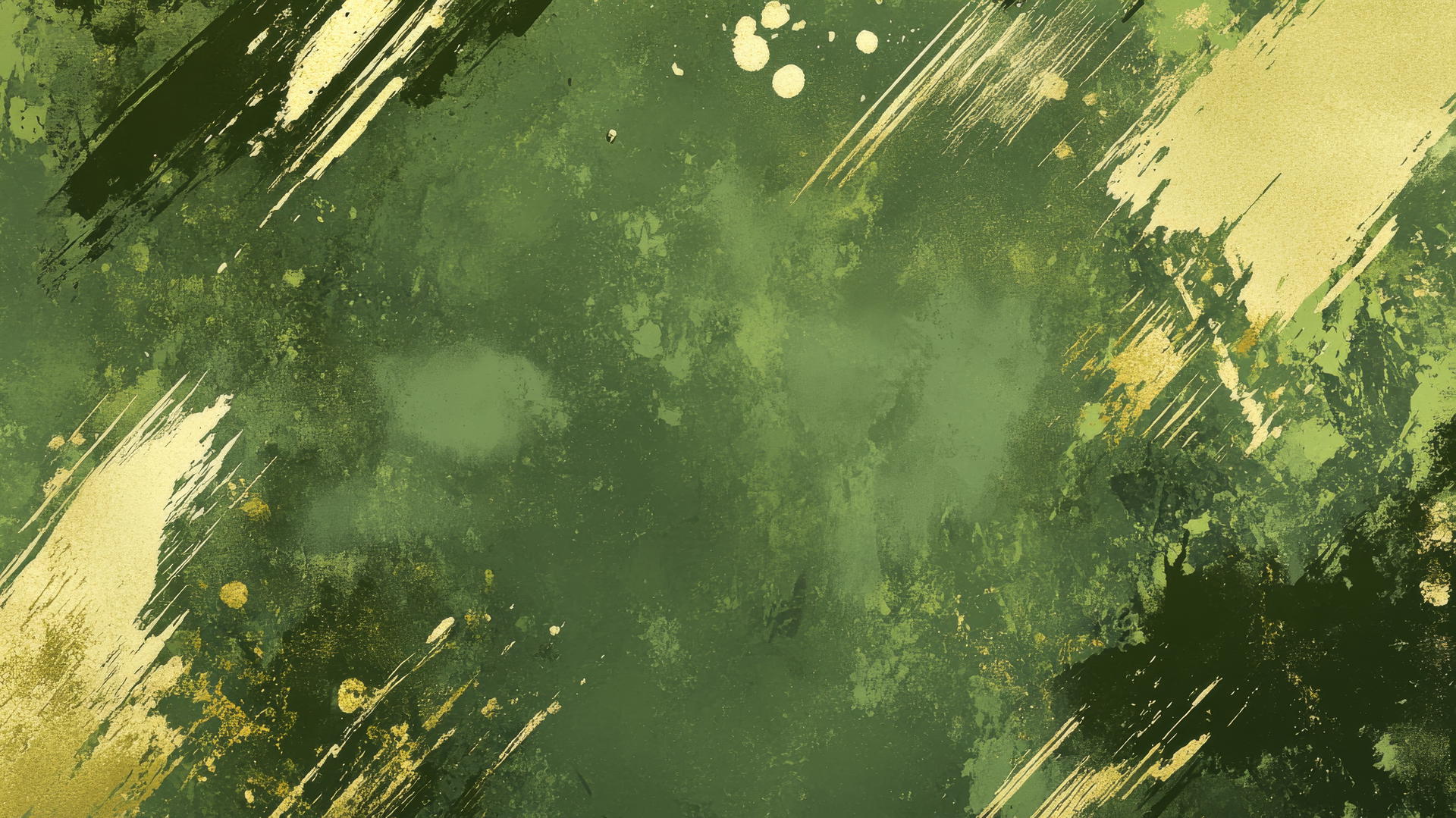 Olive green wallpaper with bold brush strokes and splashes of gold