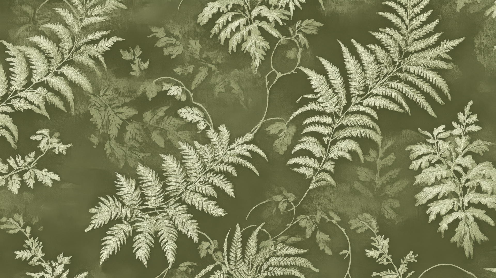 vintage-inspired olive green wallpaper with intricate fern and vine pattern