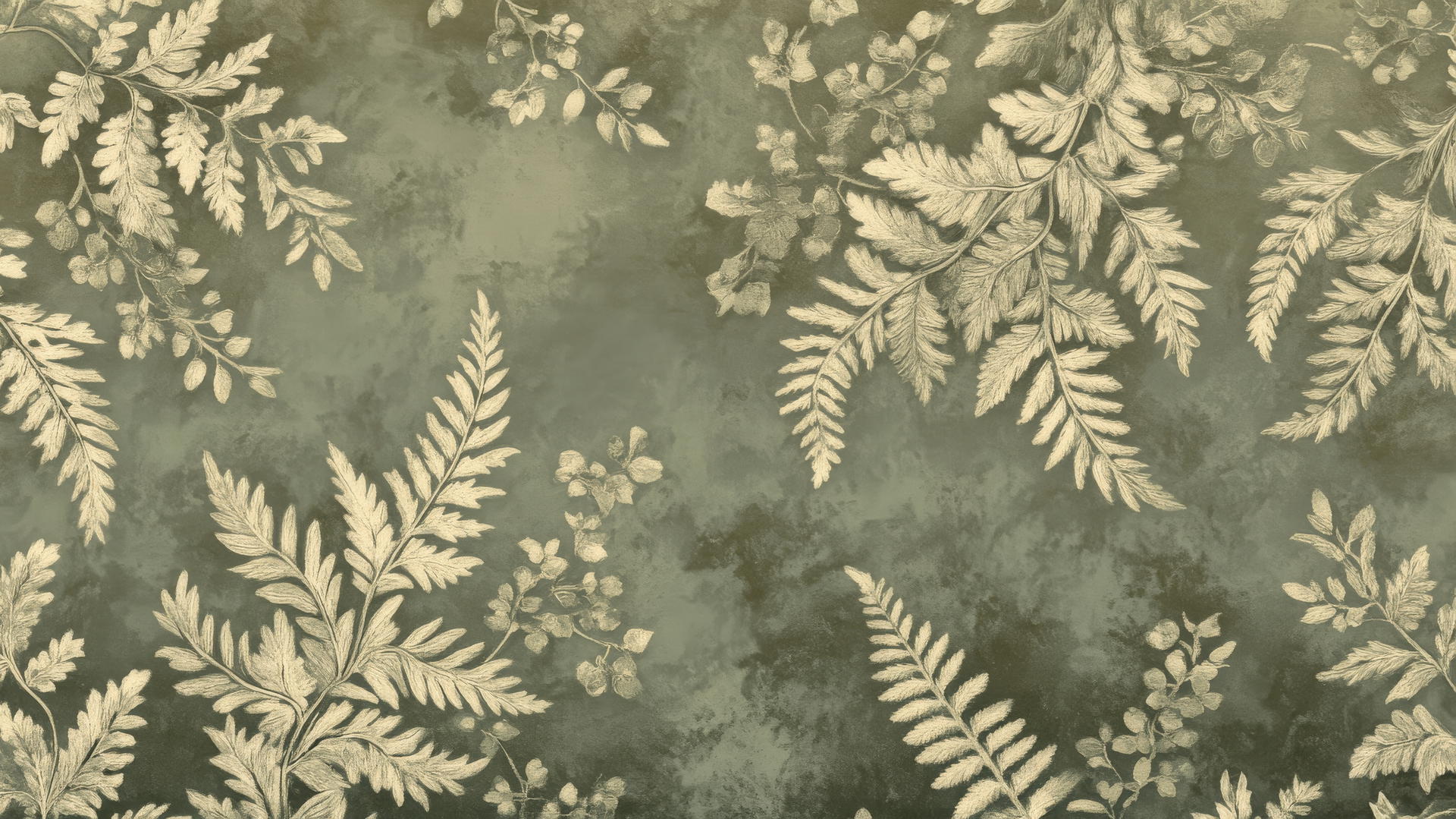 olive green wallpaper with vintage-inspired intricate fern and vine pattern