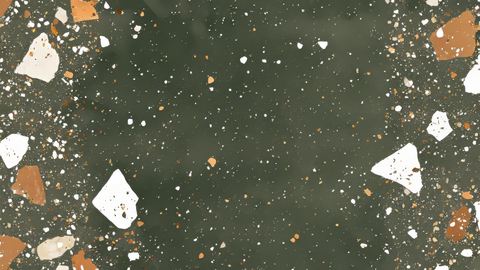 olive green wallpaper with white, terracotta, and gold terrazzo pattern