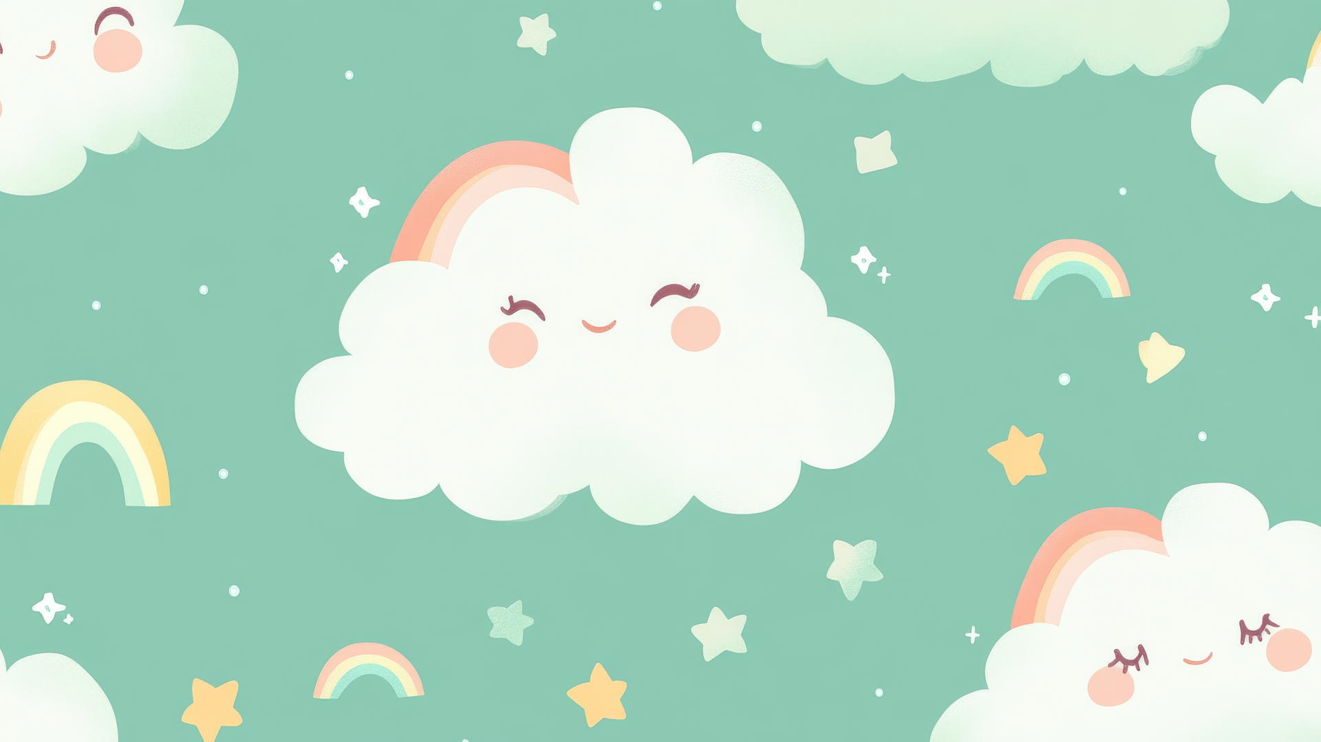 cute green wallpaper with smiling clouds and rainbows