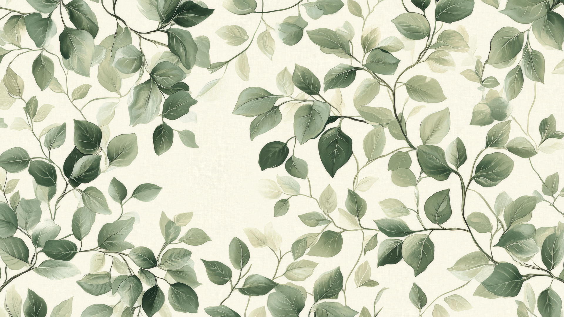 sage green wallpaper with detailed botanical leaves and vines on beige background