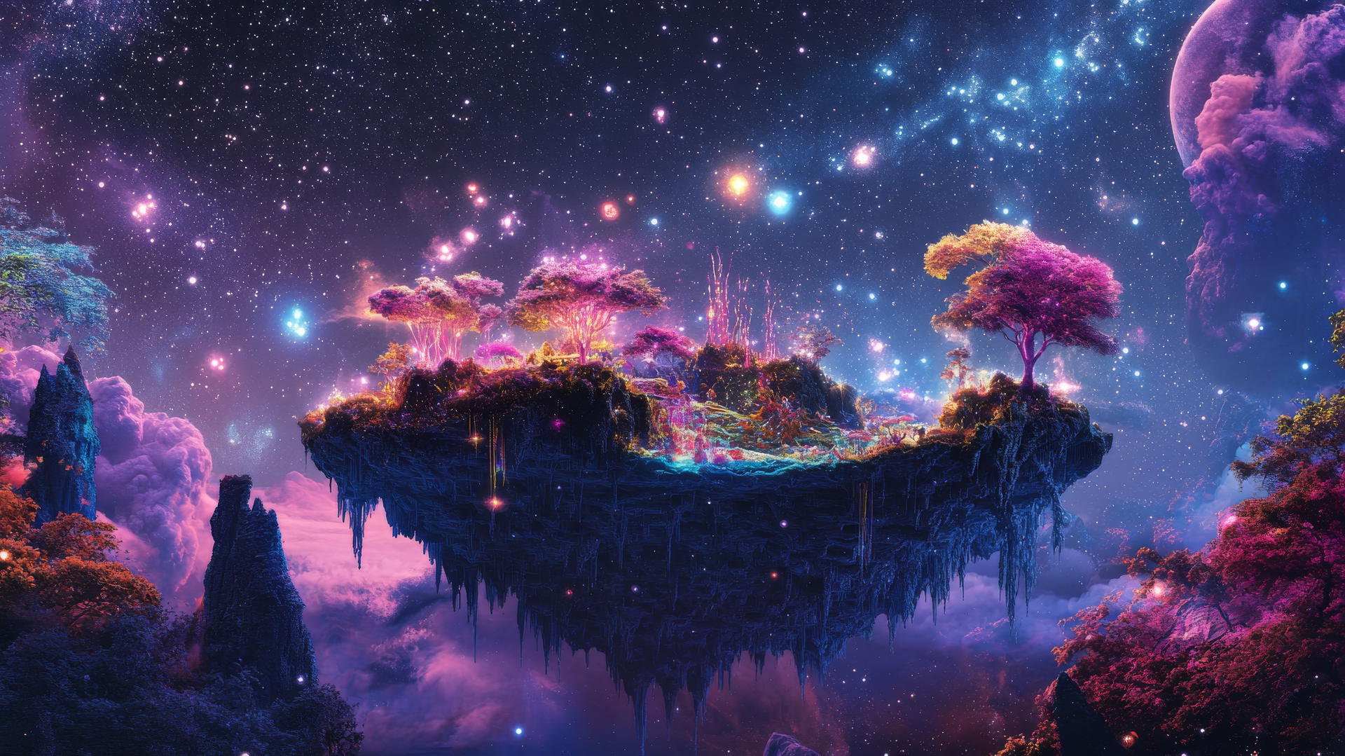 Y2K star wallpaper with floating digital island, neon trees, pixelated animals, and holographic constellations.