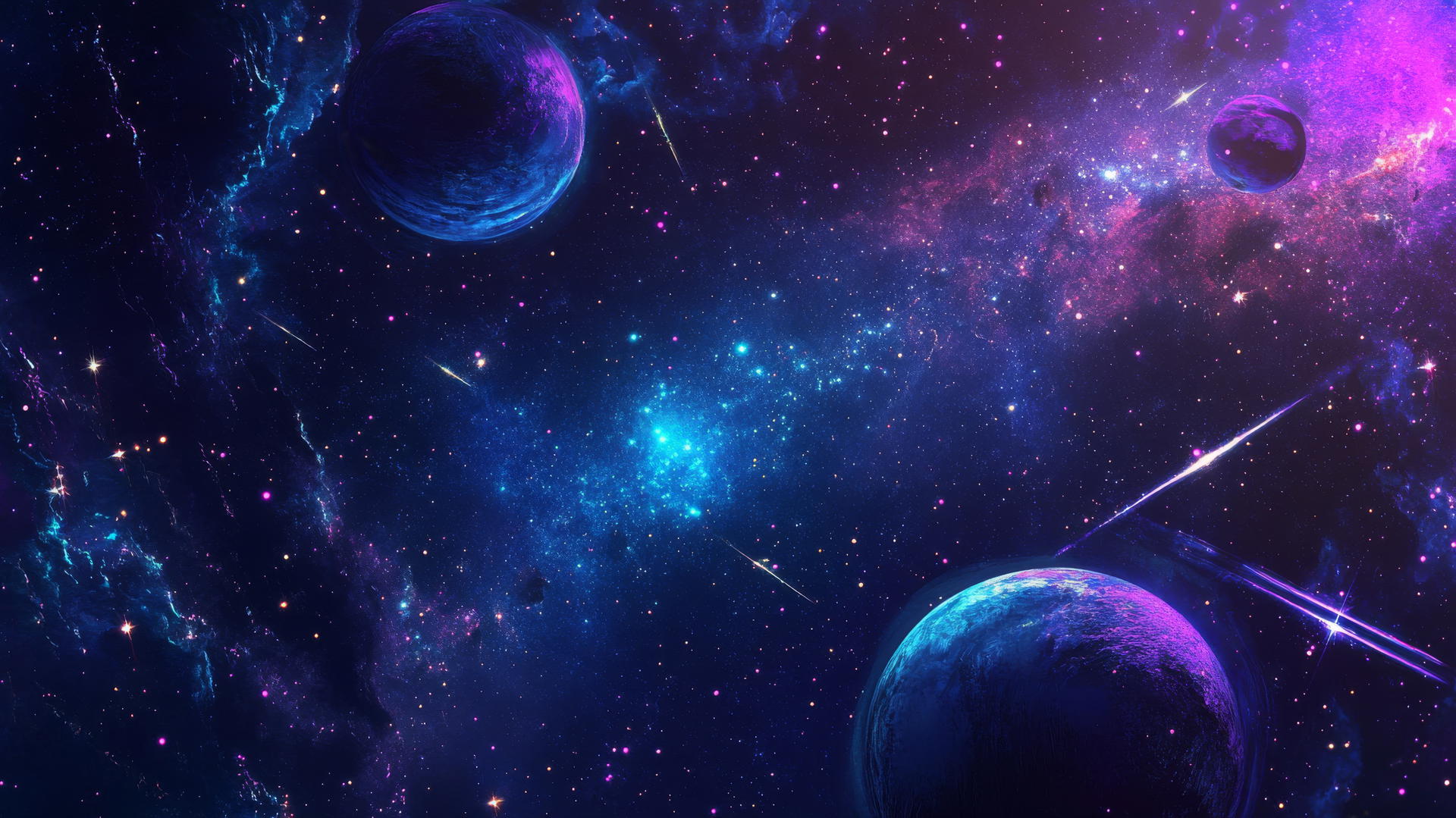 star wallpaper y2k with neon stars, glowing planets, and pixelated shooting stars in a blue and purple cosmic background