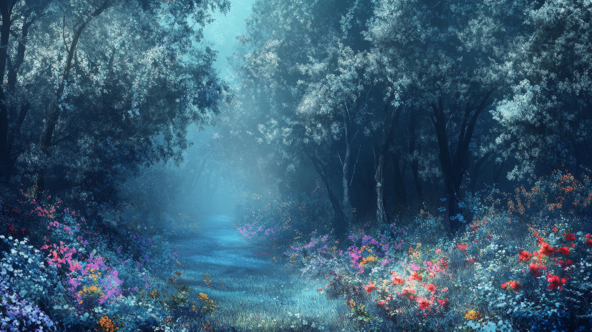 wallpaper blue with enchanted floral forest and mystical blue mist