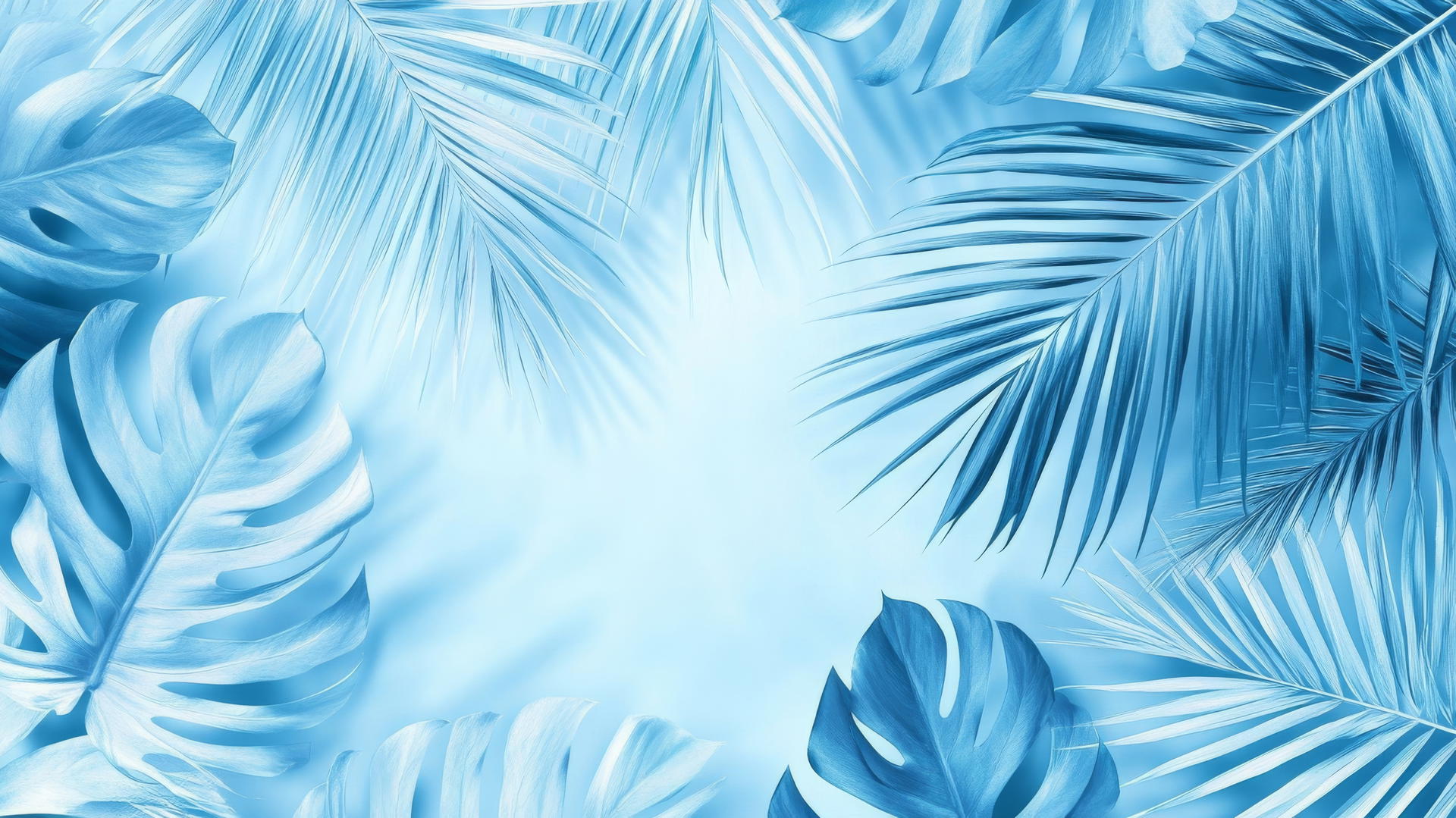 Blue background wallpaper with tropical blue palm leaves