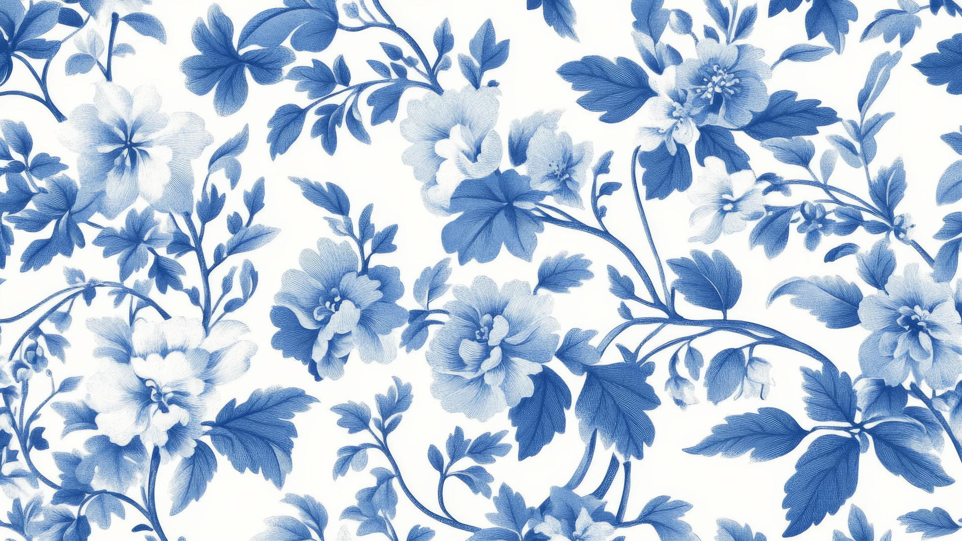 blue and white wallpaper with delicate floral pattern inspired by traditional porcelain