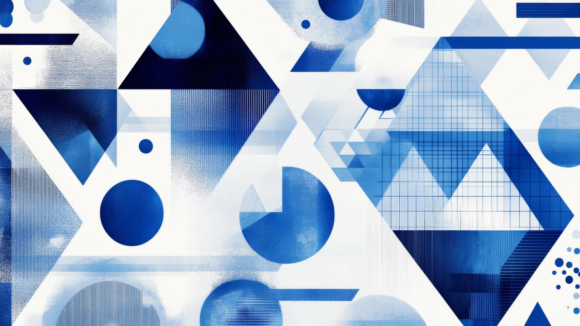 blue and white wallpaper with geometric pattern of triangles, circles, and hexagons