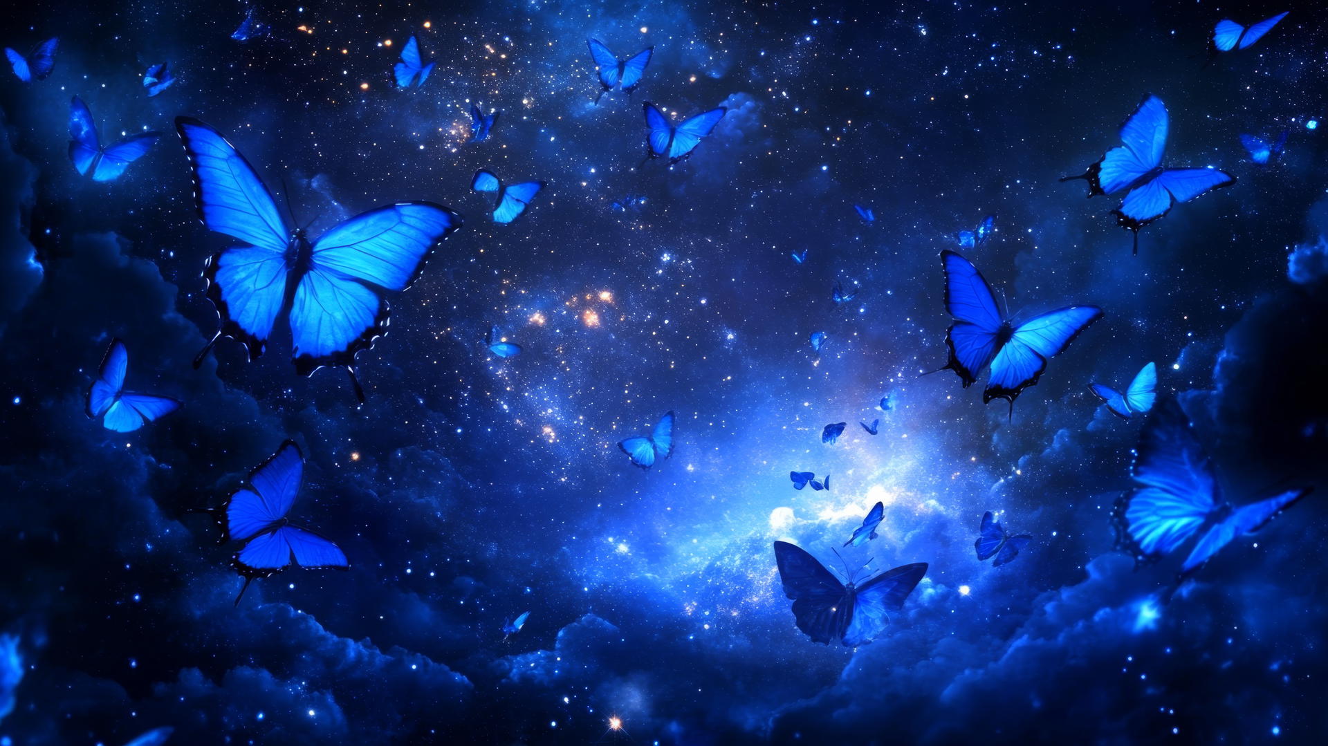 blue butterfly wallpaper with glowing wings in a starry night sky