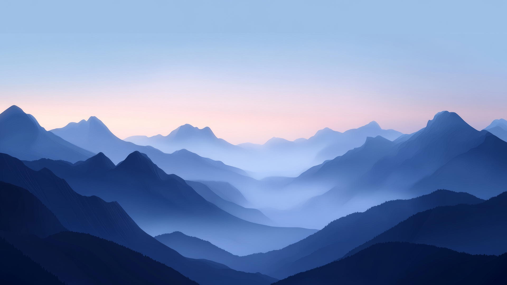 aesthetic wallpaper blue with misty mountains at dawn, fog over peaks, gradient sky