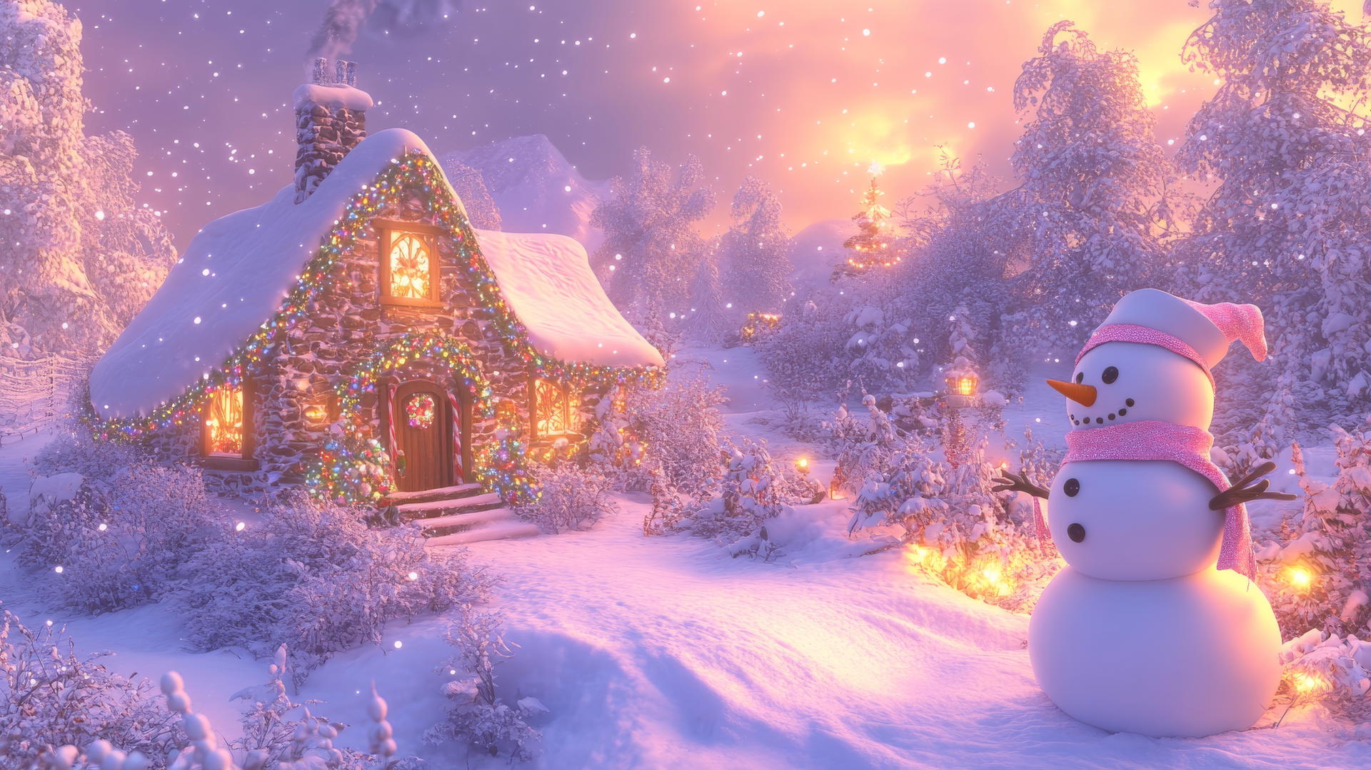 girly cute Christmas wallpaper with pastel-colored cozy cottage, snow, and fairy lights