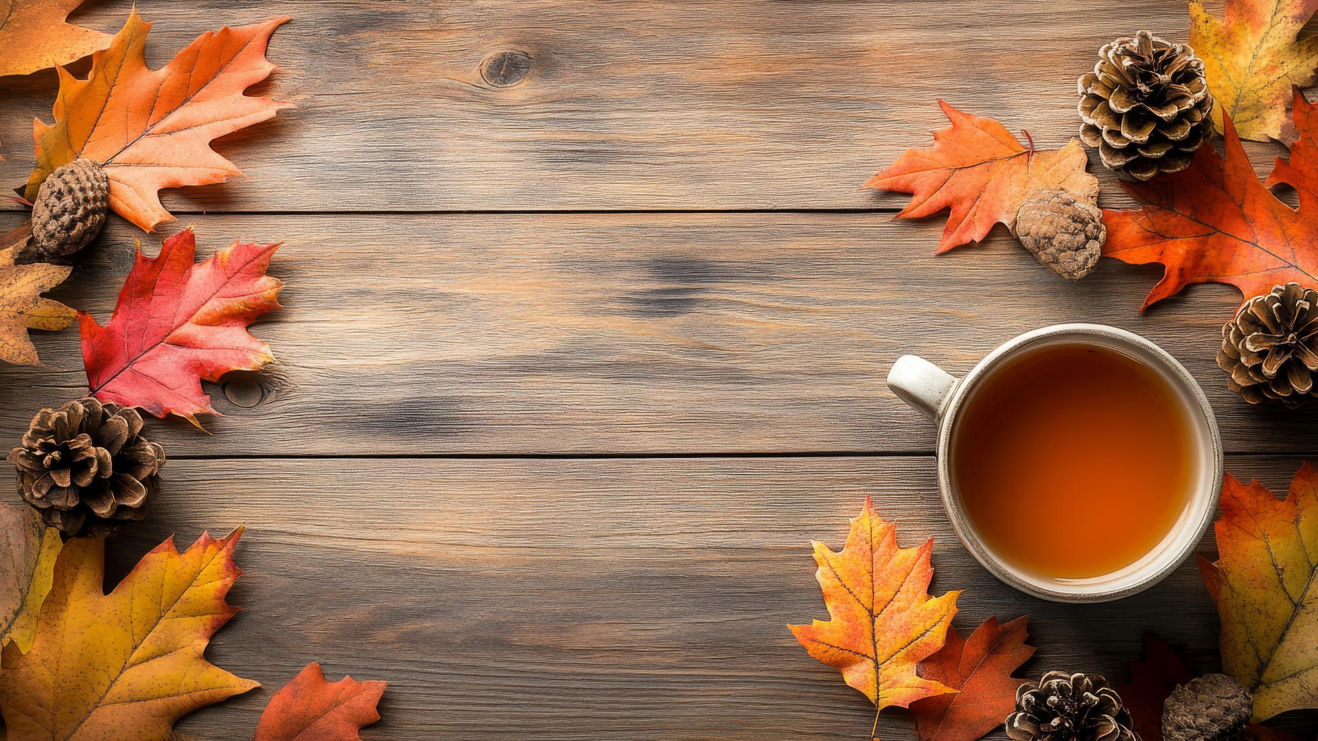 thanksgiving wallpaper: rustic wooden table with autumn leaves, pine cones, and hot cider