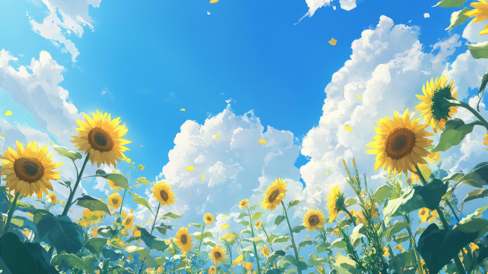 summer aesthetic wallpaper with sunflowers under blue sky and white clouds