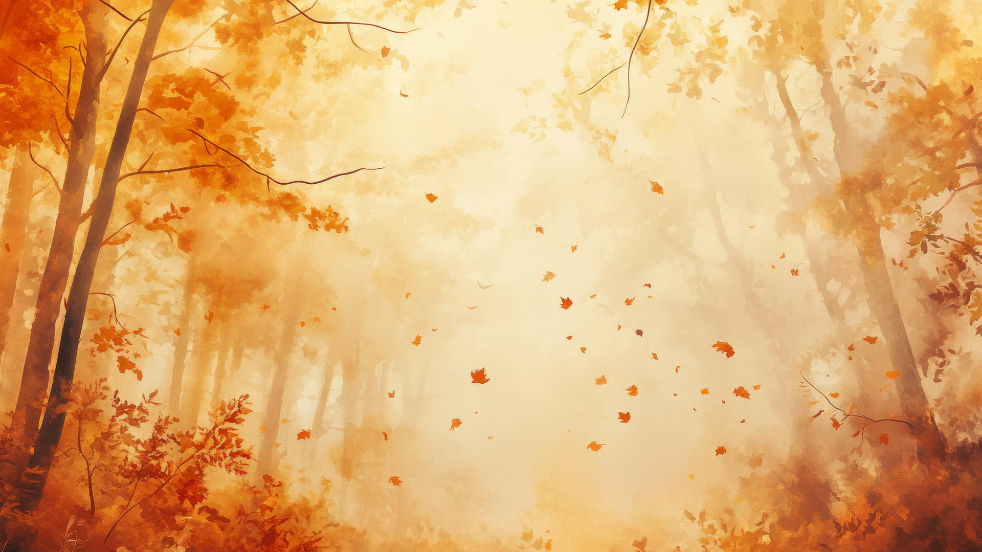 thanksgiving wallpaper aesthetic with ethereal watercolor autumn forest, golden sunlight, falling leaves, and misty fog