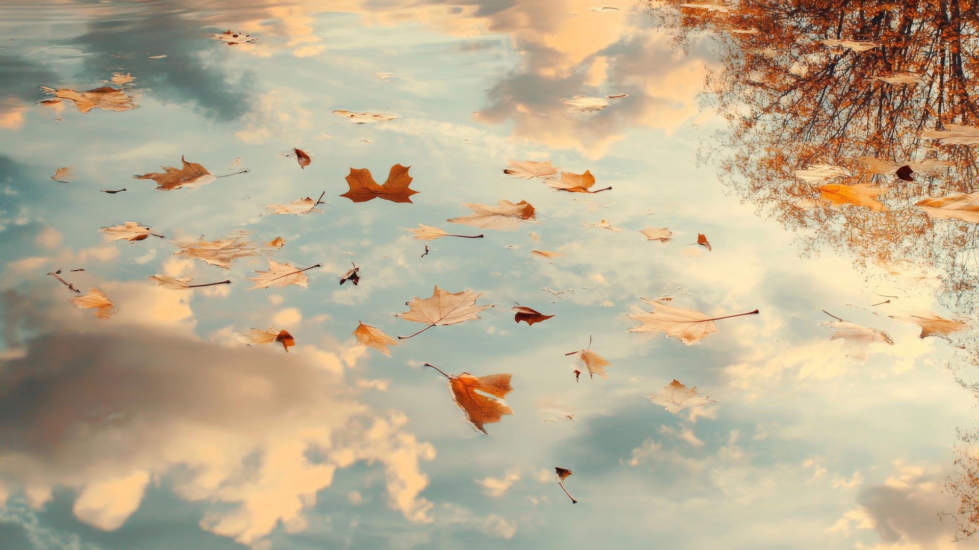 Ethereal landscape with golden leaves, a mirror-like pond, cloudy autumn sky, aesthetic thanksgiving wallpaper