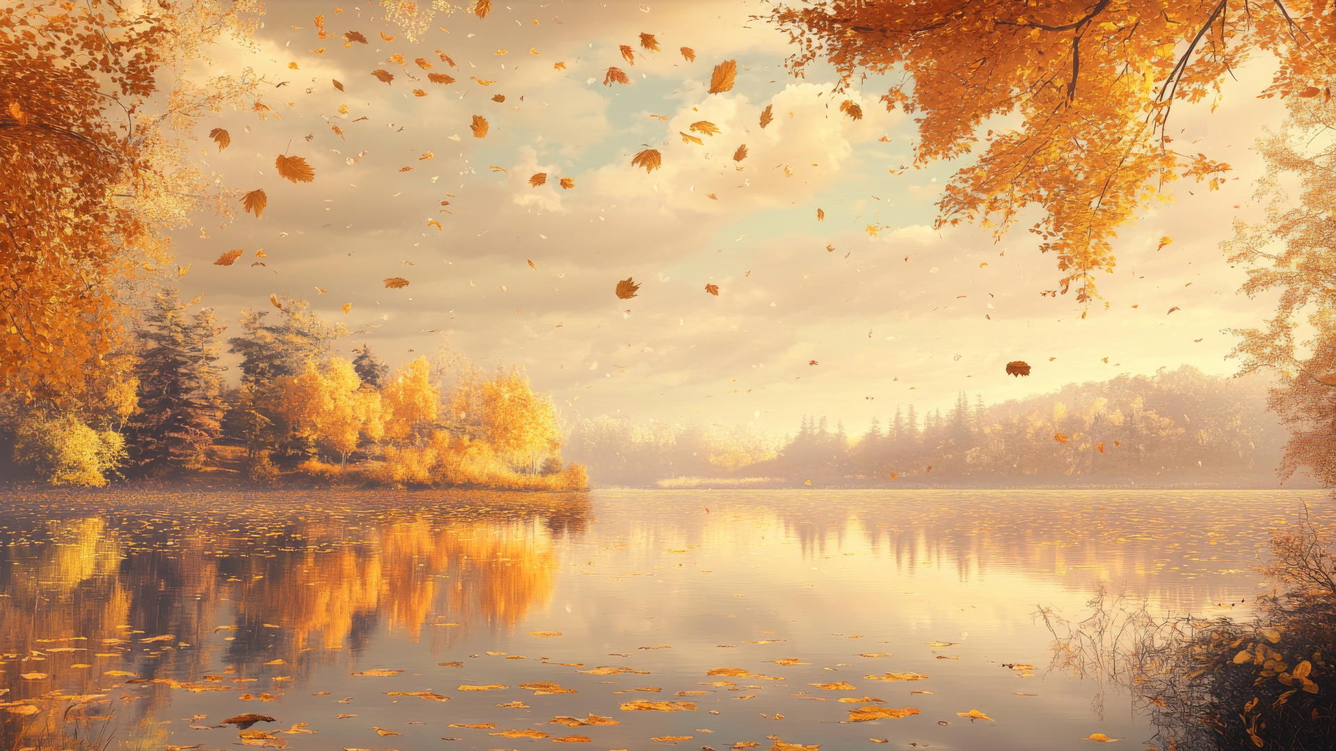 aesthetic thanksgiving wallpaper with golden leaves floating above a mirror-like pond, reflecting a cloudy autumn sky with pastel hues