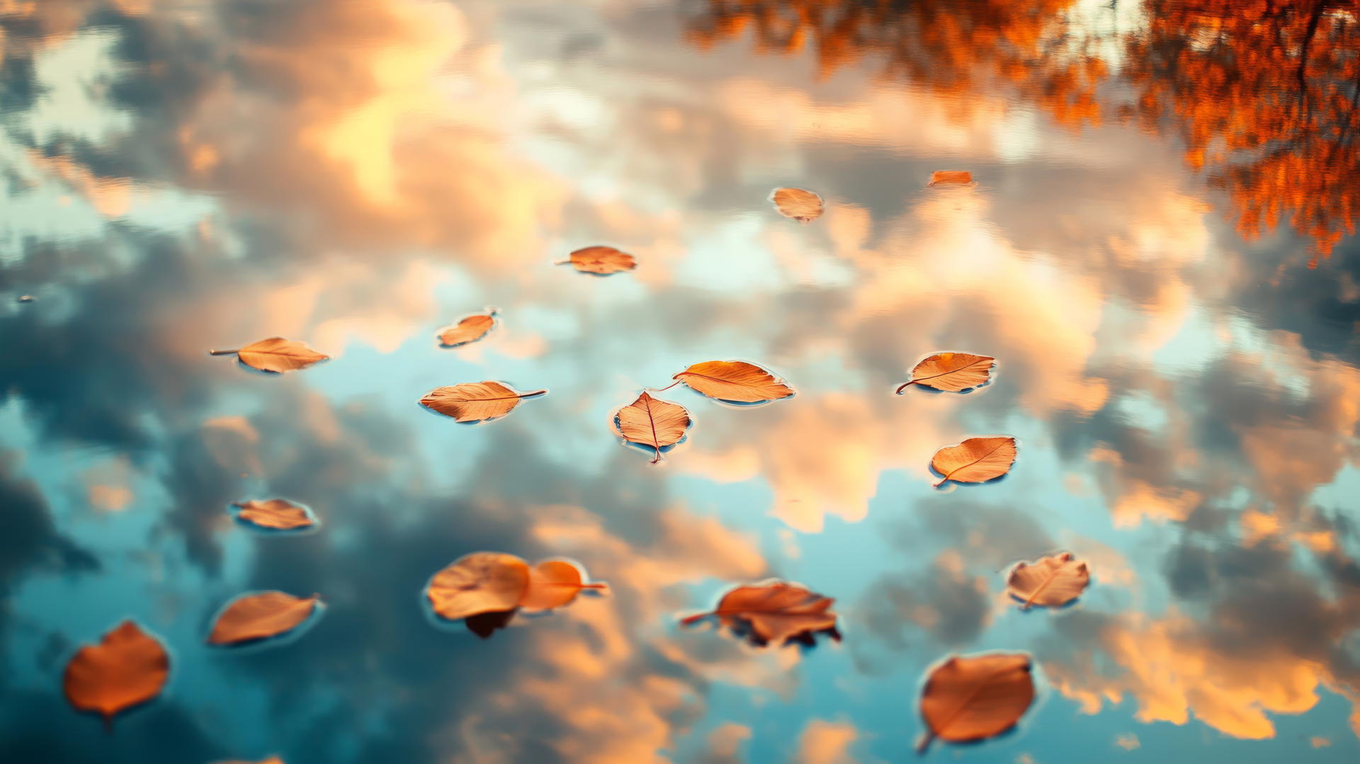 aesthetic thanksgiving wallpaper with golden leaves floating above a mirror-like pond reflecting a cloudy autumn sky in pastel hues