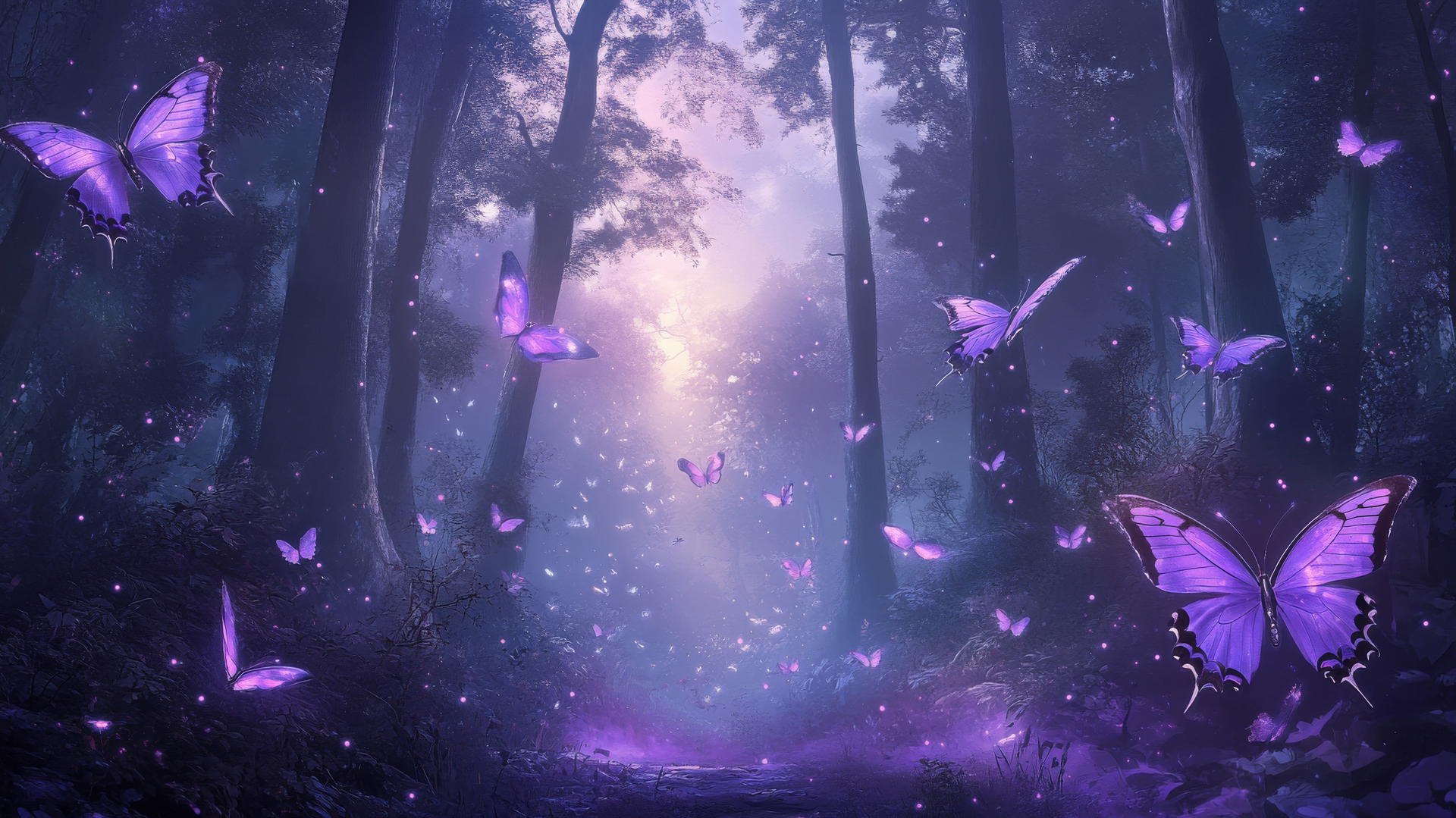 purple butterfly wallpaper with glowing butterflies in magical forest