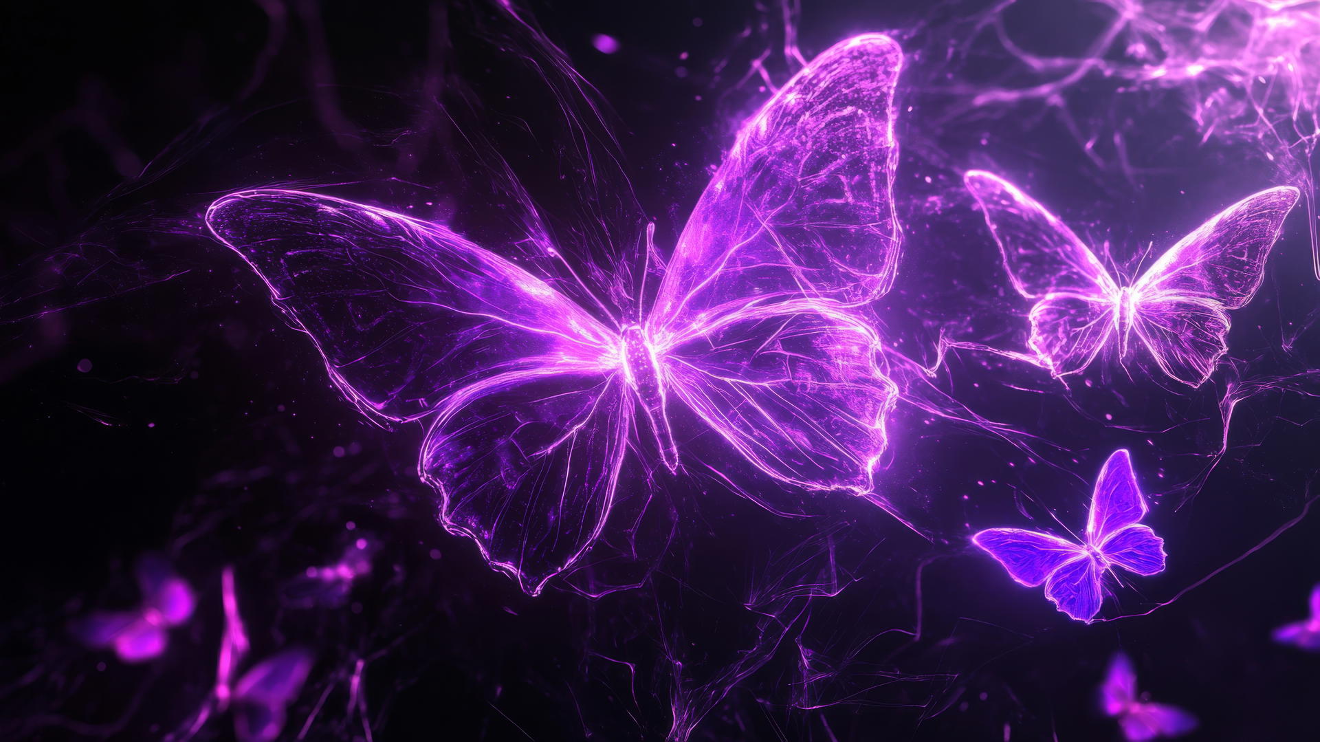 Neon purple butterflies glowing on a dark background with light trails