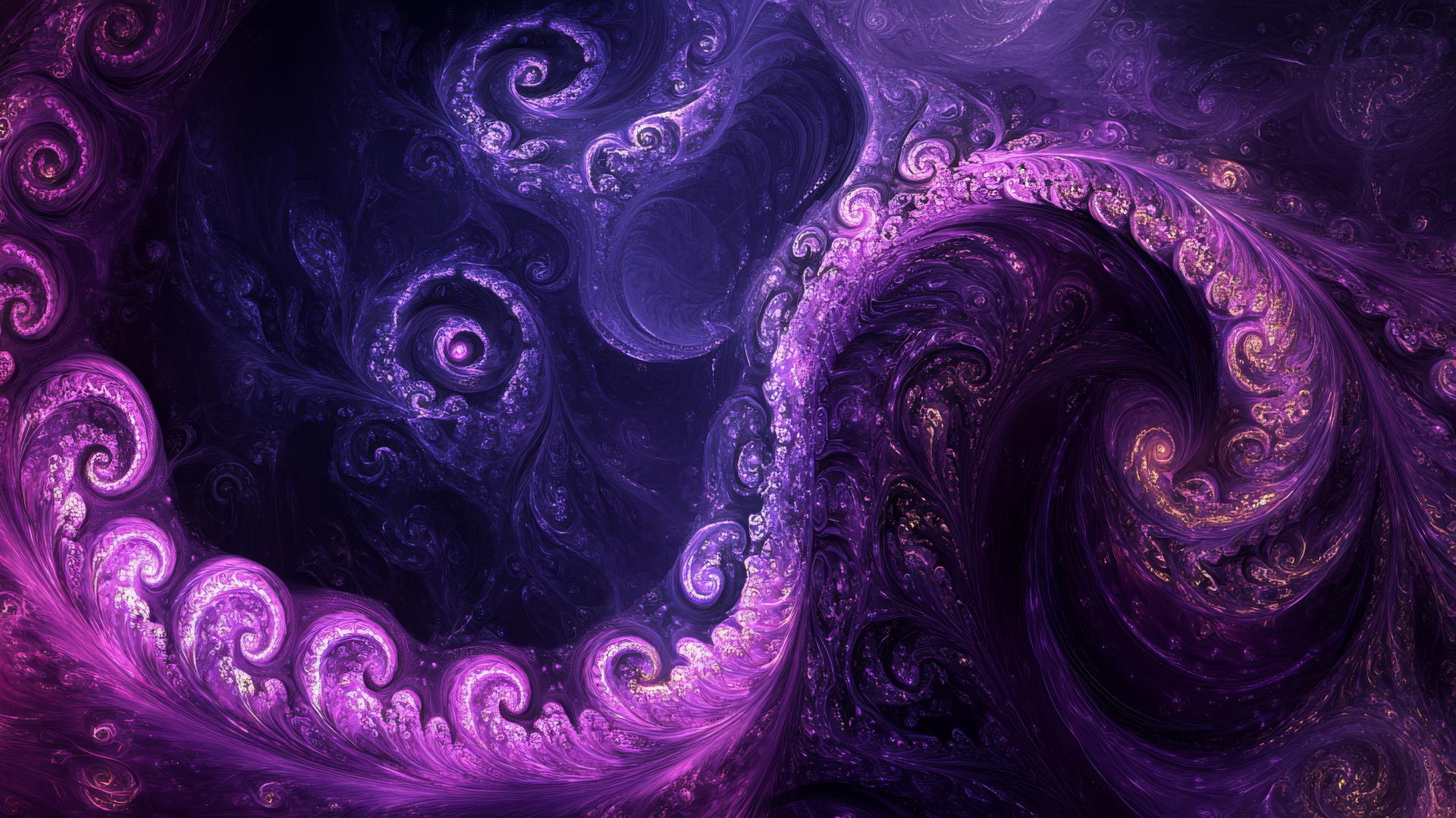 Dark purple wallpaper with abstract fractal spirals and swirling shapes