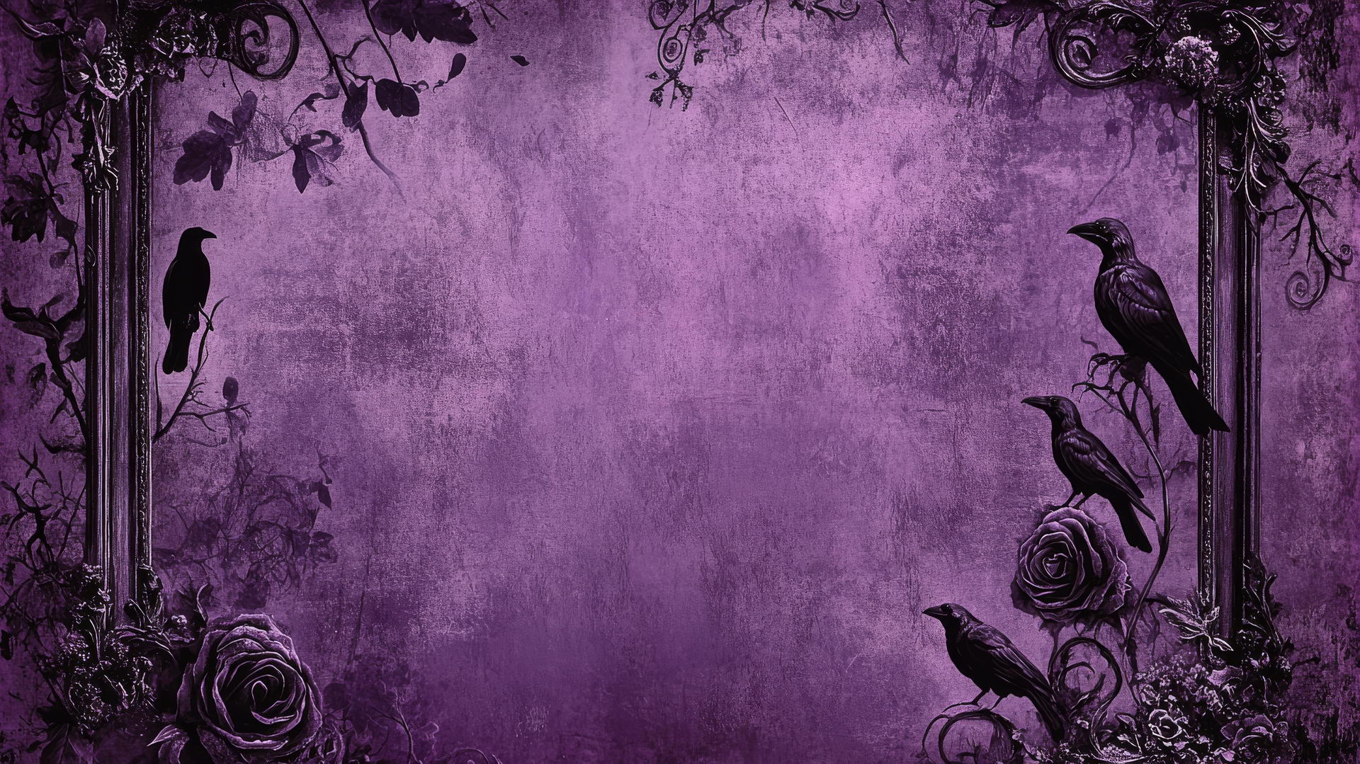 dark purple wallpaper with Victorian frames, ravens, and roses