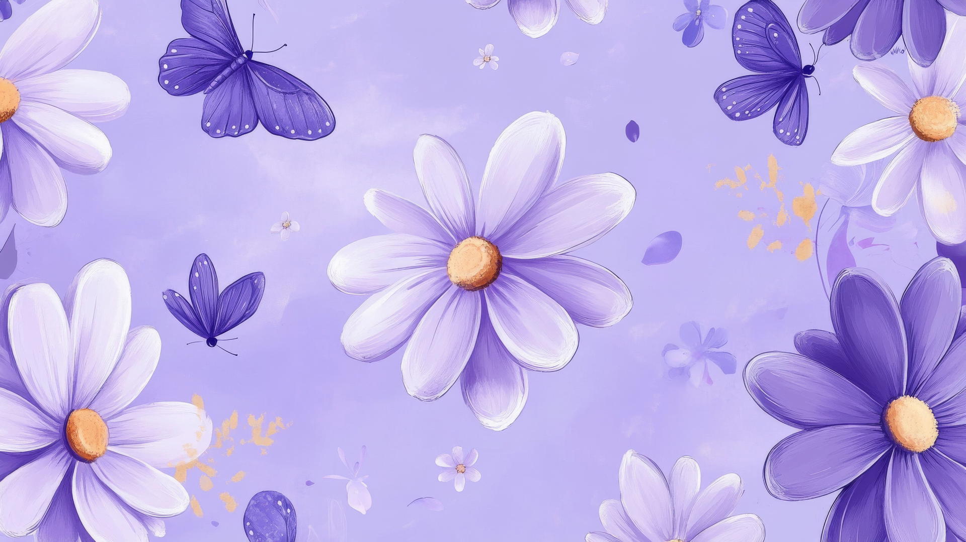 purple flower wallpaper with cartoon-style purple daisies and butterflies on a pastel purple background