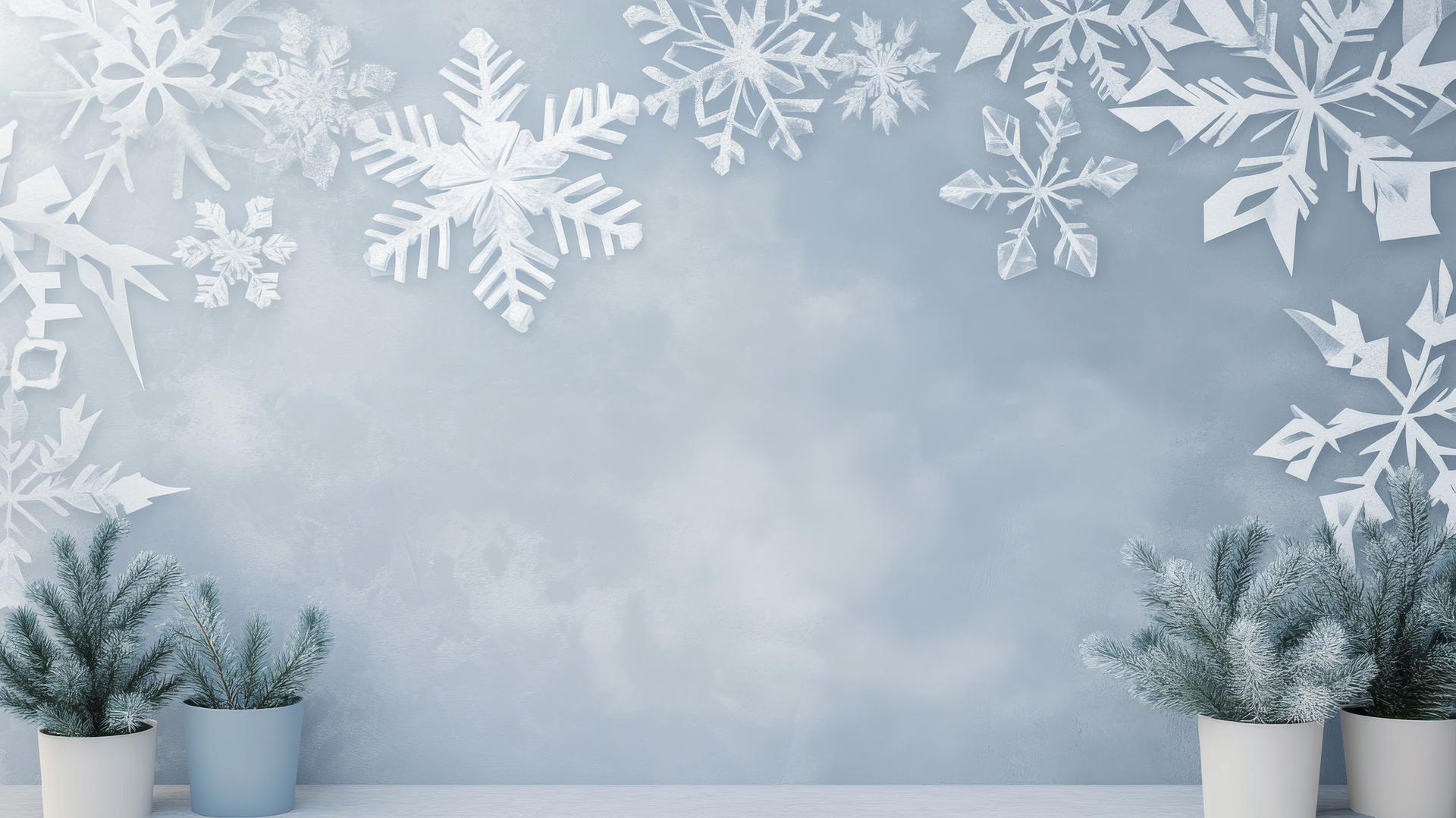 winter aesthetic wallpaper with geometric snowflakes in soft blues and whites on a pale gray background