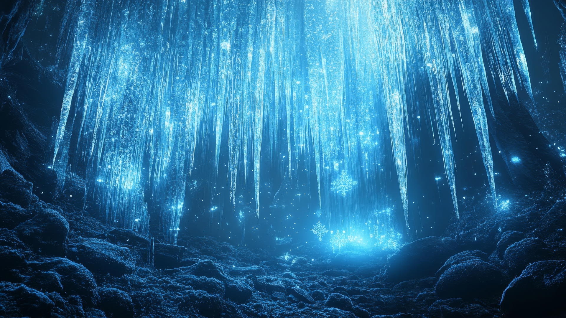 aesthetic winter wallpaper with icy blue and silver tones, crystal-clear icicle forest, glowing blue lights