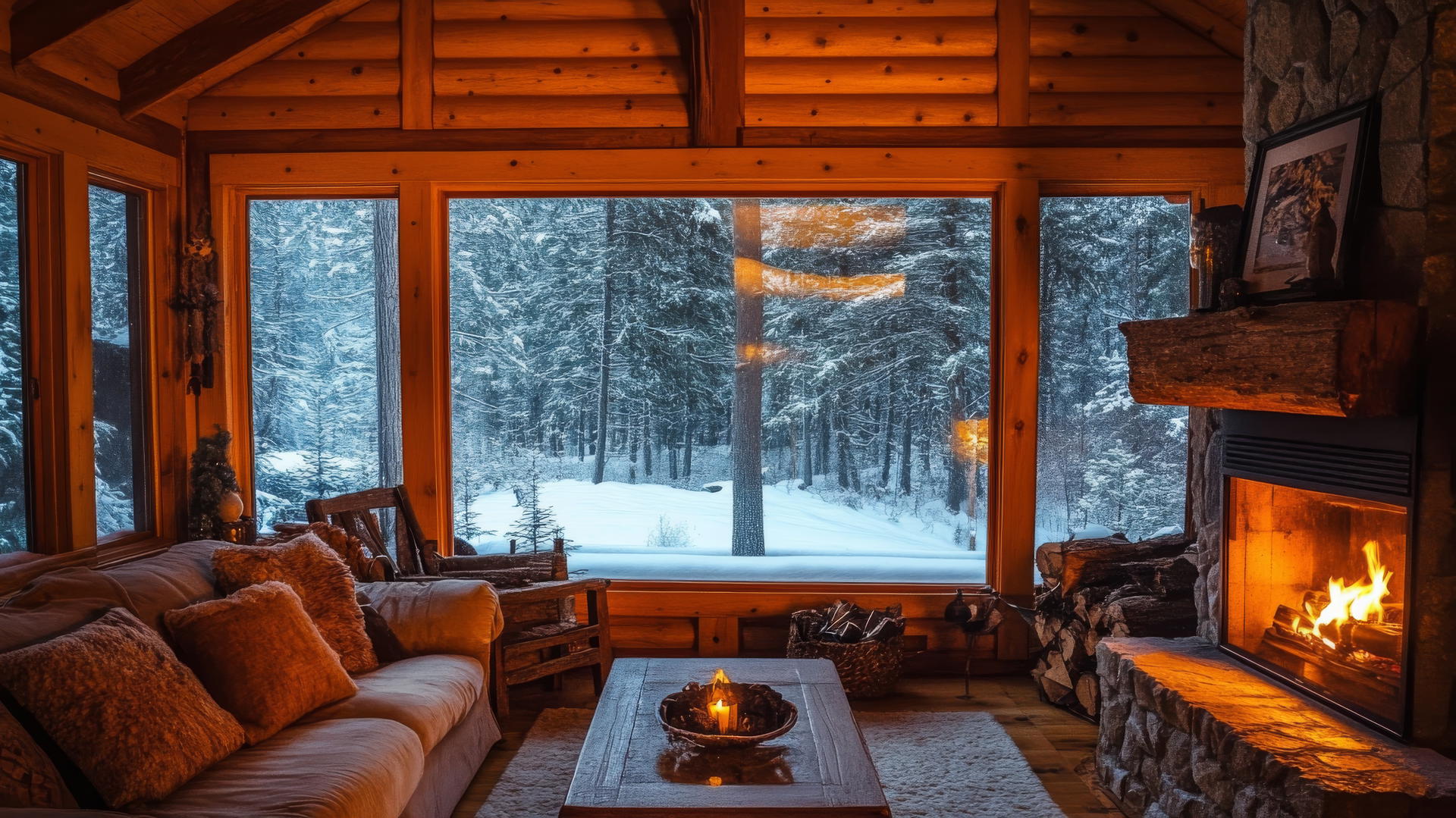 aesthetic winter wallpaper, cozy cabin interior with large window, snow-covered forest, fireplace glow
