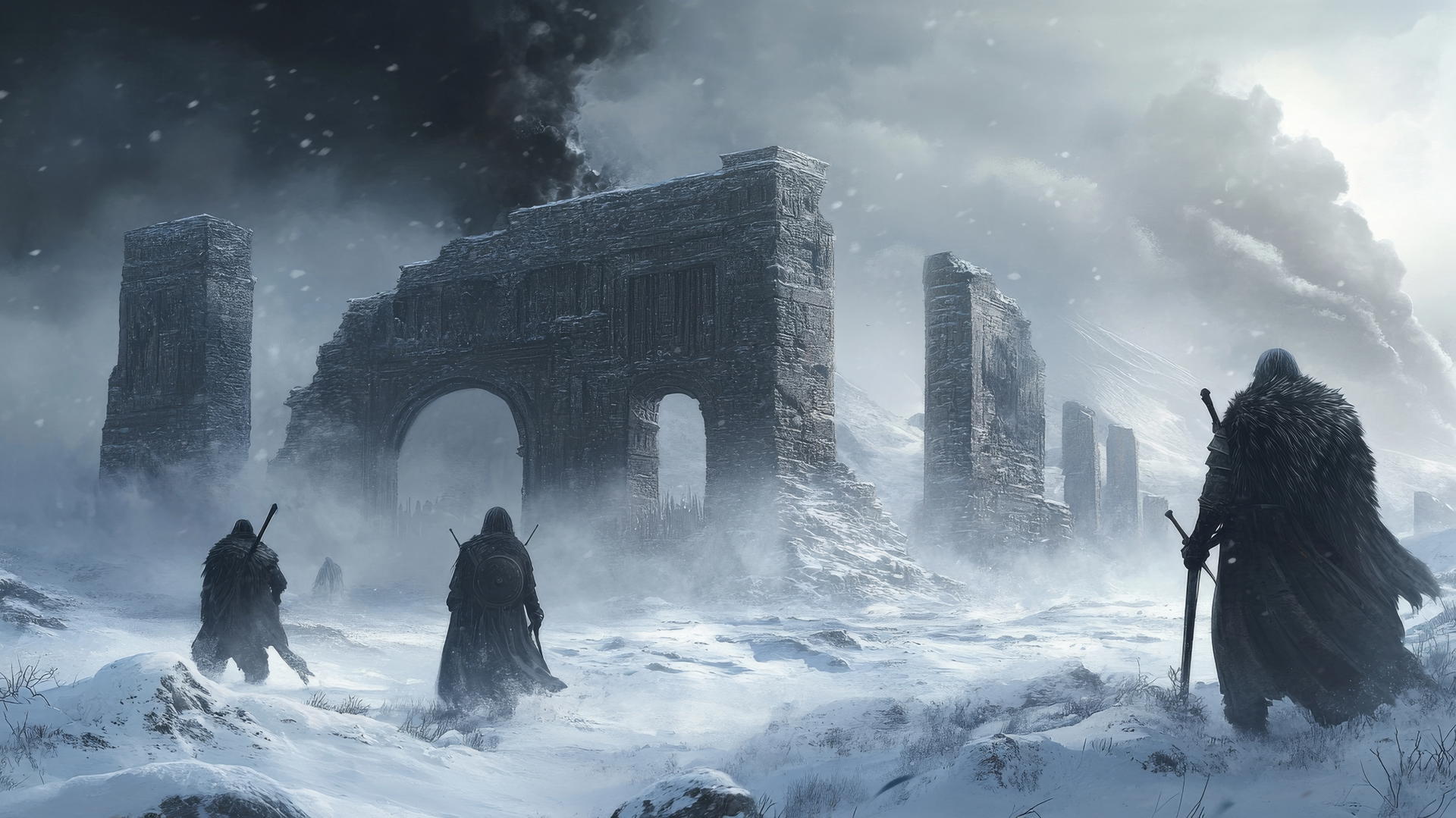 Winter background wallpaper featuring a dramatic winter battlefield with ancient ruins, fur-clad warriors amid a snowstorm.
