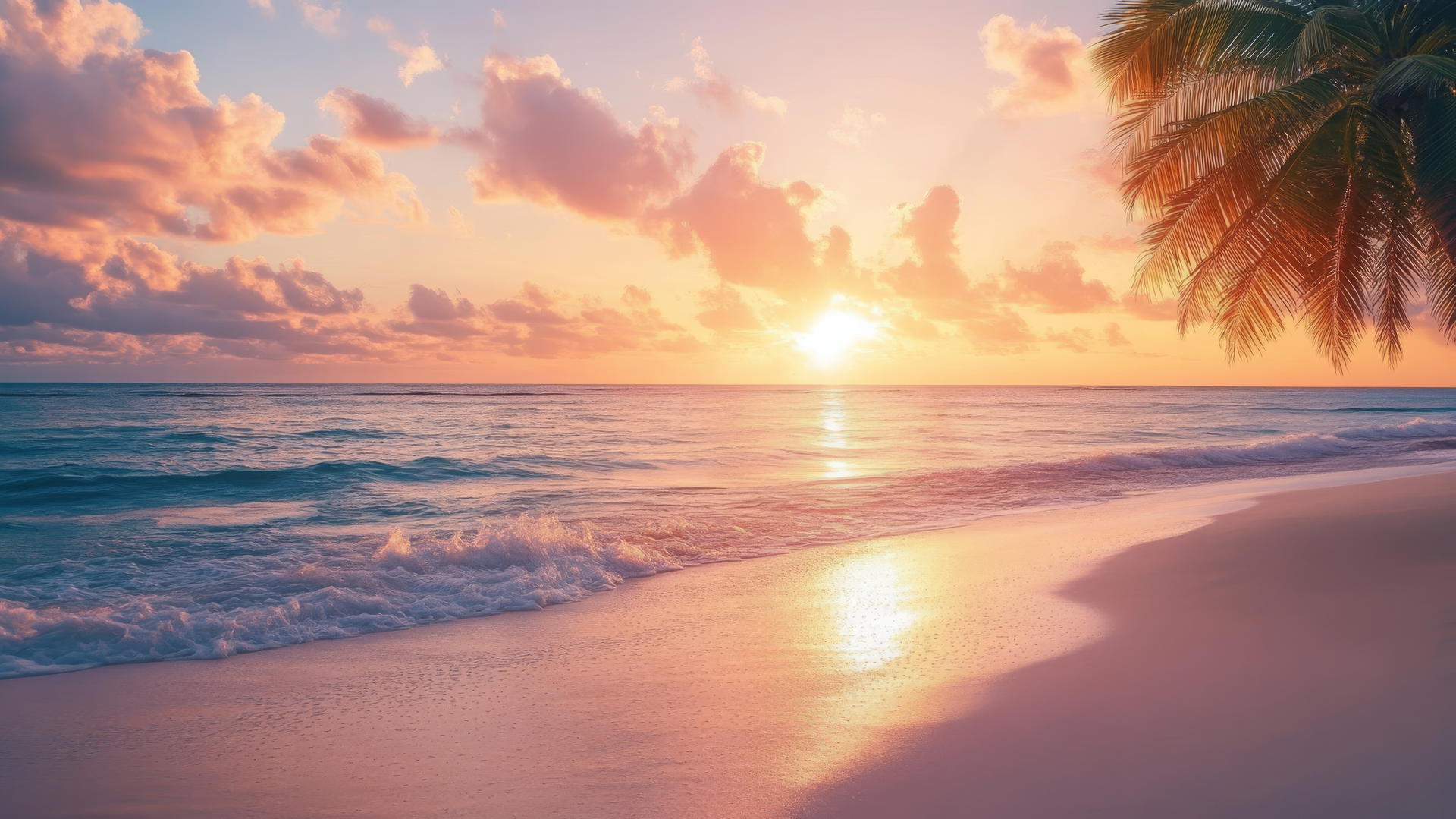 Serene tropical beach wallpaper at sunset with golden rays and palm trees