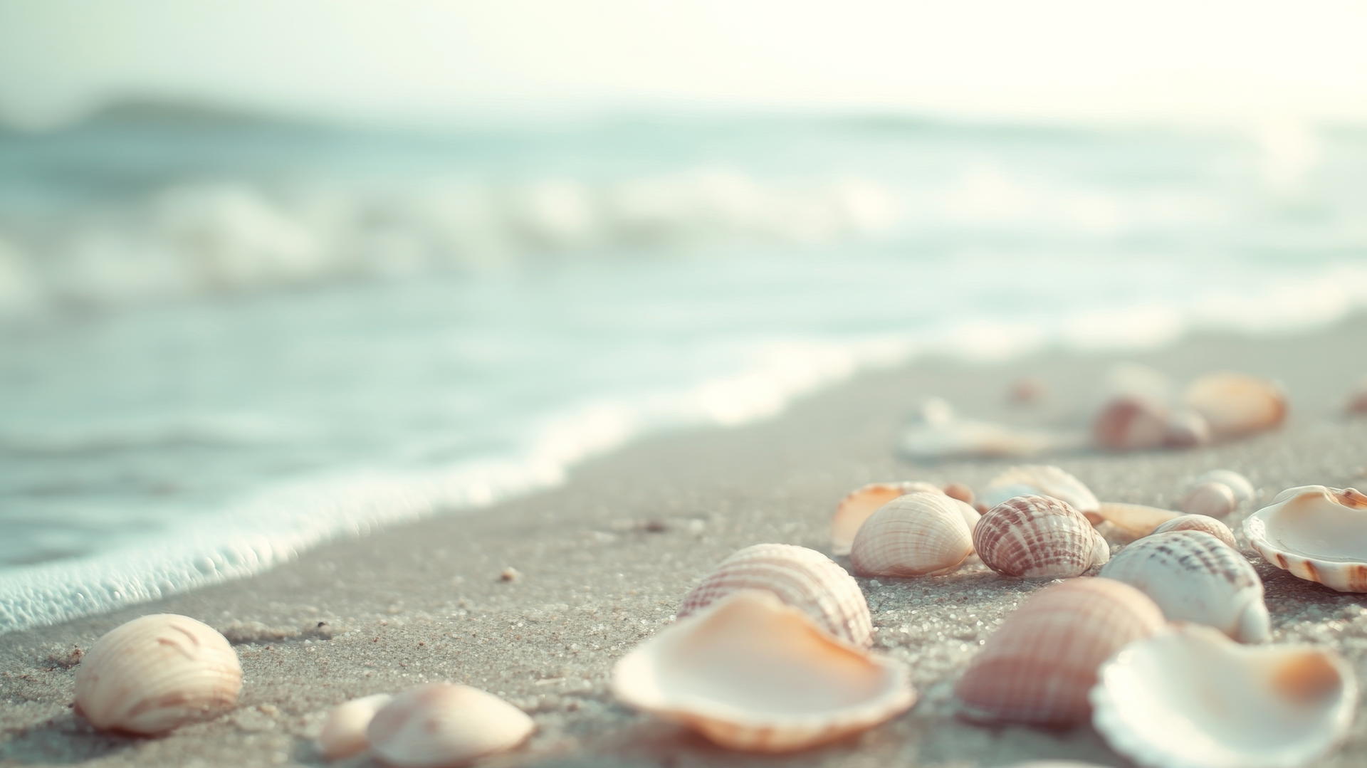 vintage beach scene with seashells, muted colors, soft blur