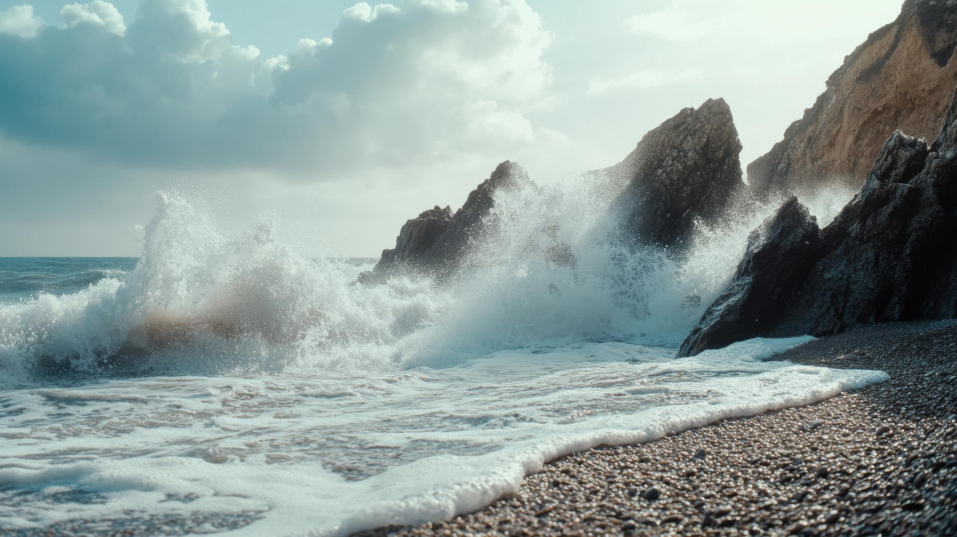 4K beach wallpaper with waves crashing on rocky shore