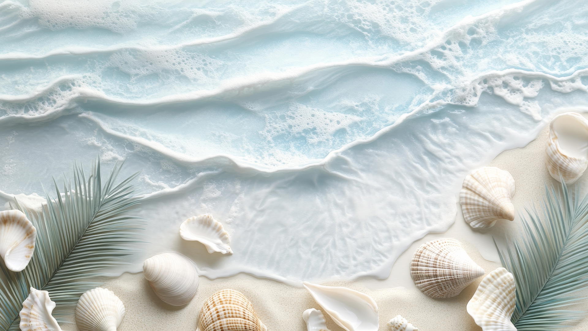Beach theme wallpaper with stylized waves, palm trees, and seashells